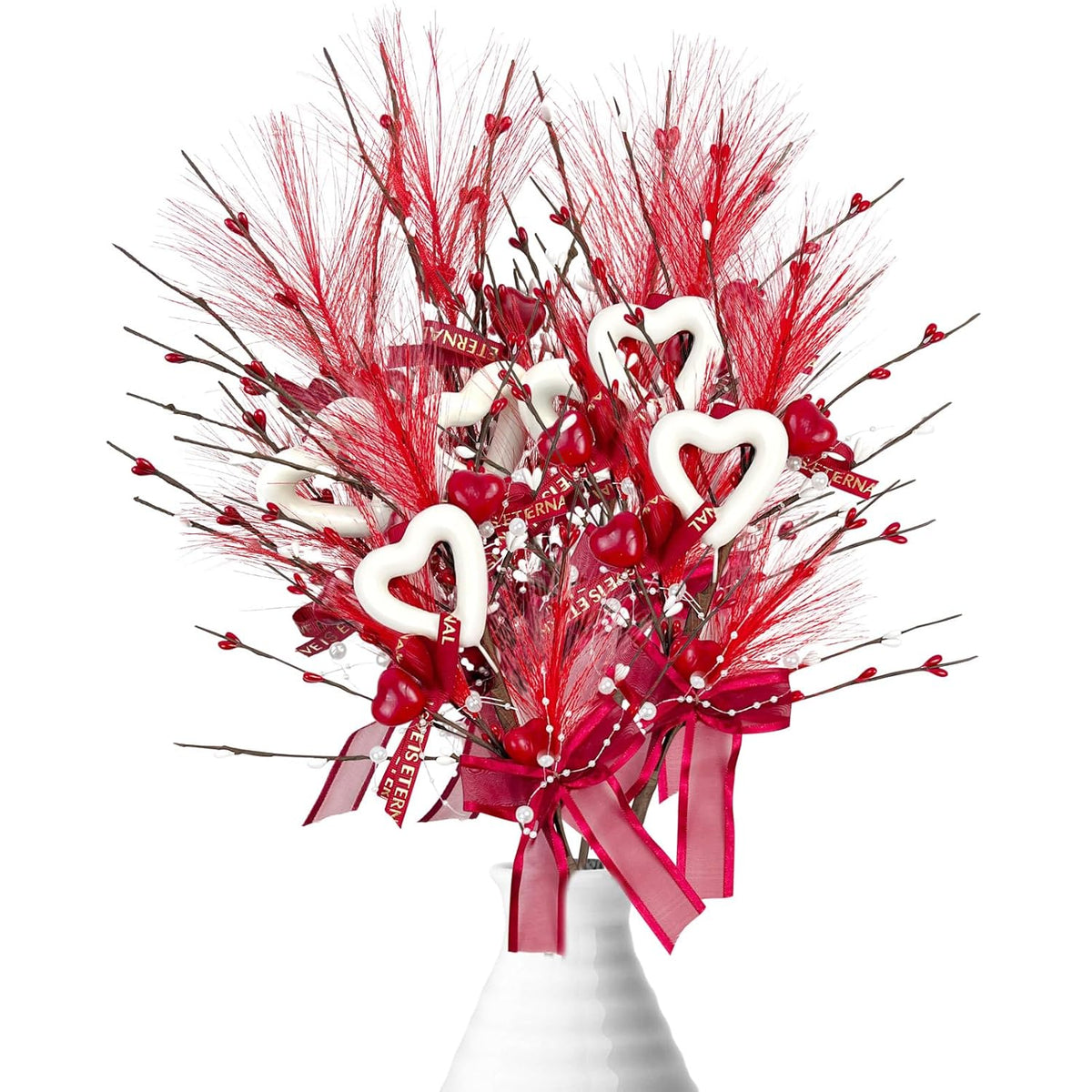 6 Pcs Valentine'S Day Heart Shaped Berry Feather Picks, 19.7 Inch Artificial Red White Heart Berry Flower Stems For Wedding Christmas Home Vase Decor