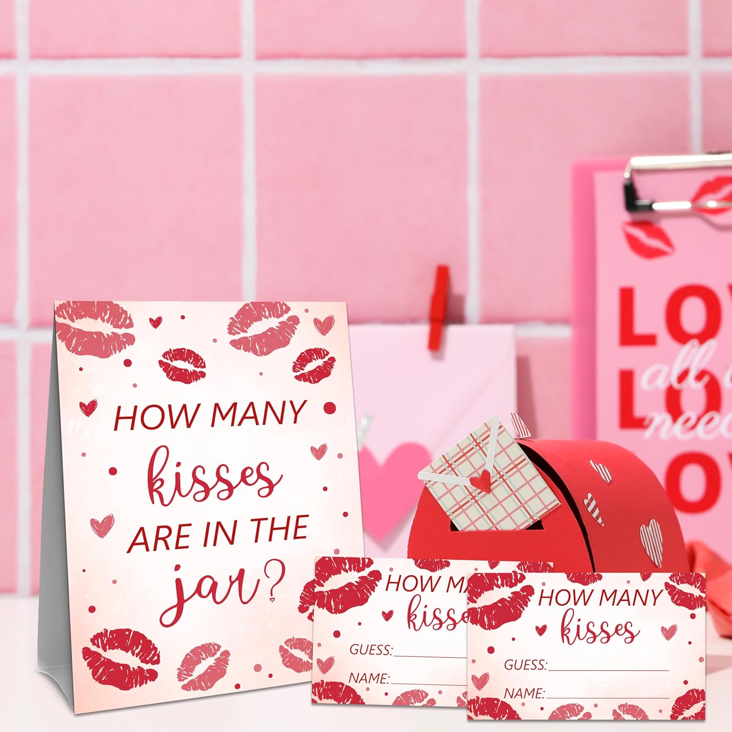 Valentines Game Cards Sign - How Many Kisses Are In The Jar - Galentine'S Valentine'S Day Party Game For Kids & Adults - Valentine Baby Shower Bridal Shower Birthday Party Supplies - A04
