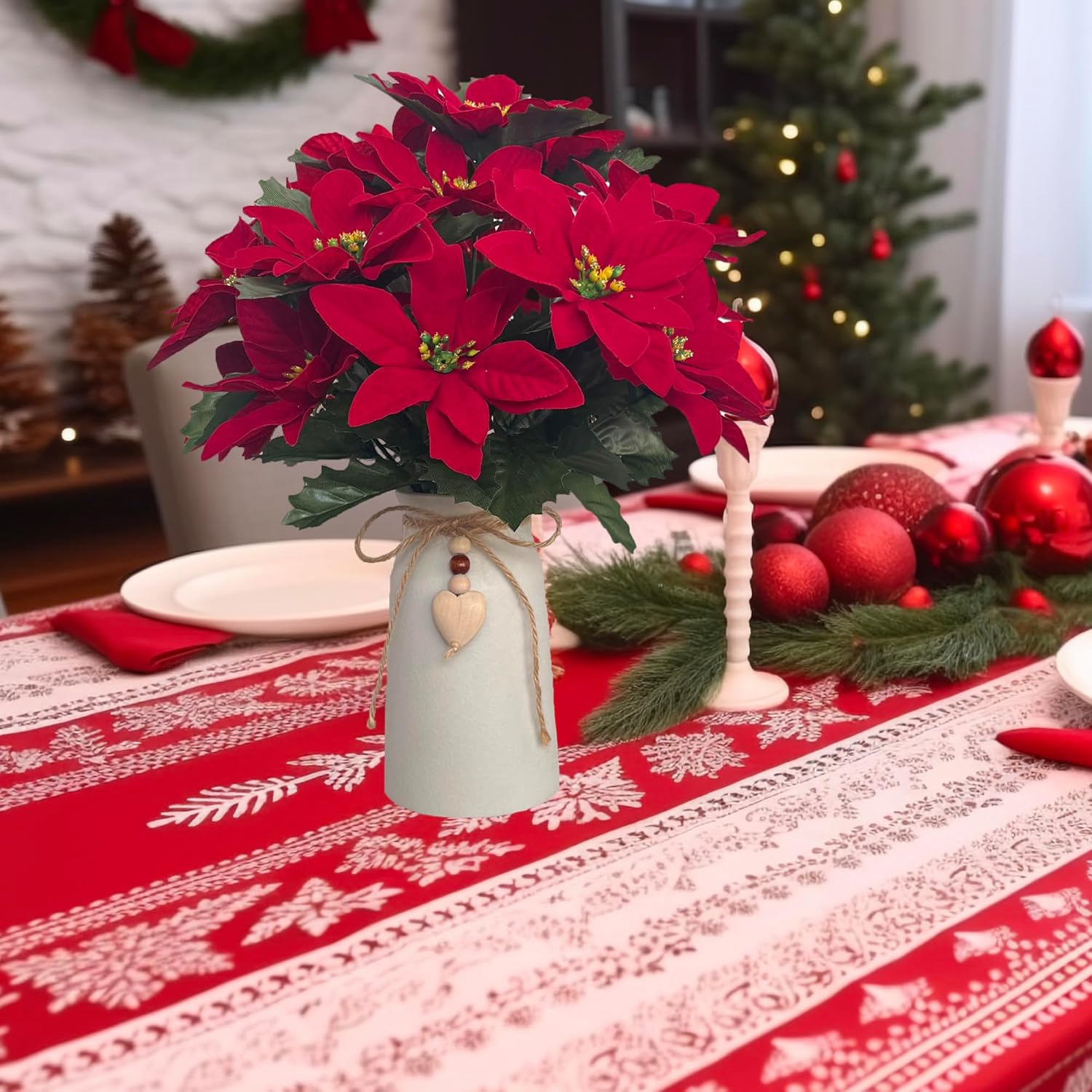 Artificial Red Poinsettia Christmas Flower Arrangement In Decorative White Vase, Holiday Floral Centerpiece With Heart Accent, Perfect Christmas Décor For Home, Office, Or Gifts