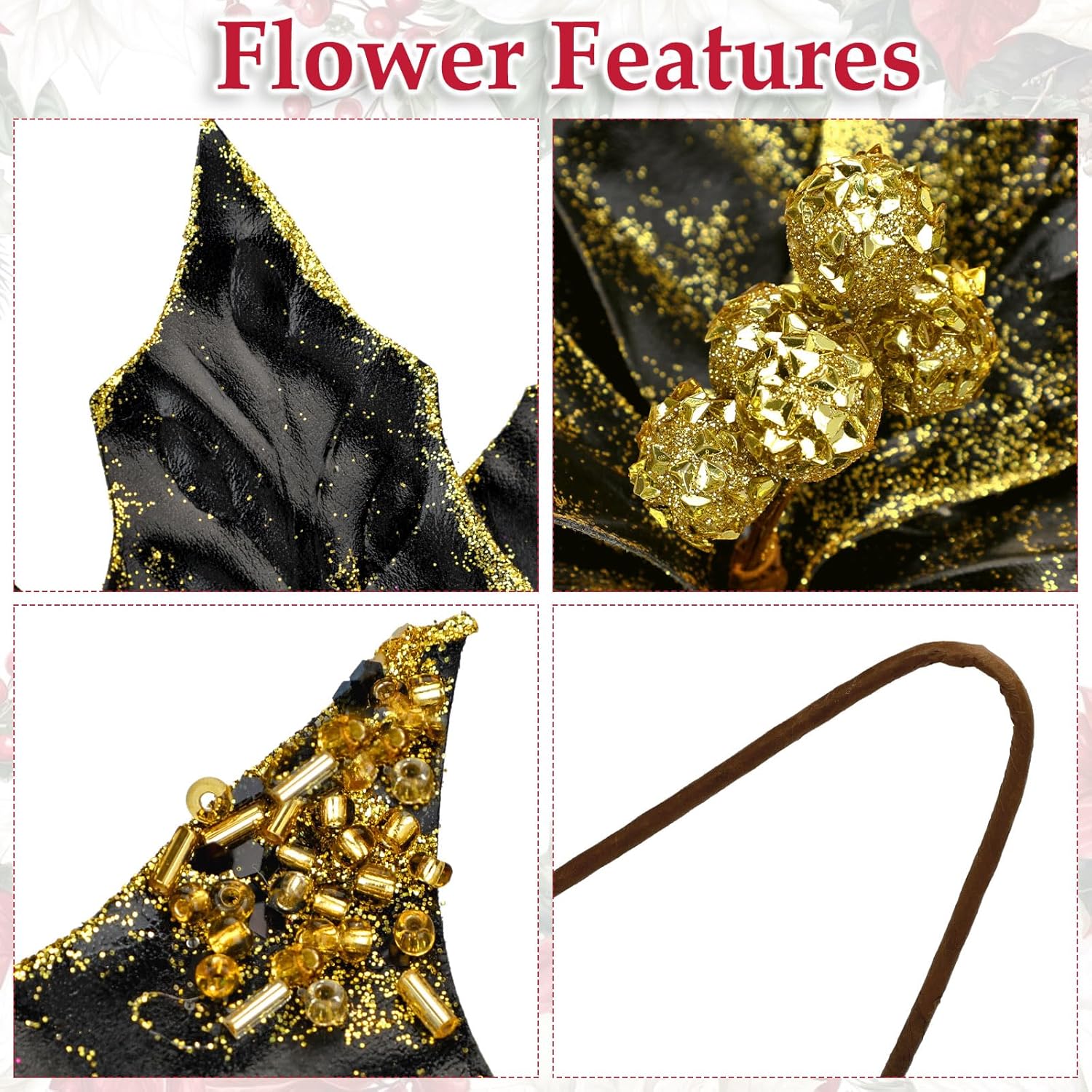 3 Pcs Artificial Christmas Flowers 11 Inch Glitter Poinsettia Picks Christmas Tree Ornaments Topper Decorations Black Poinsettias Flowers For Xmas New Year Wreath Garland Wedding Party Decor
