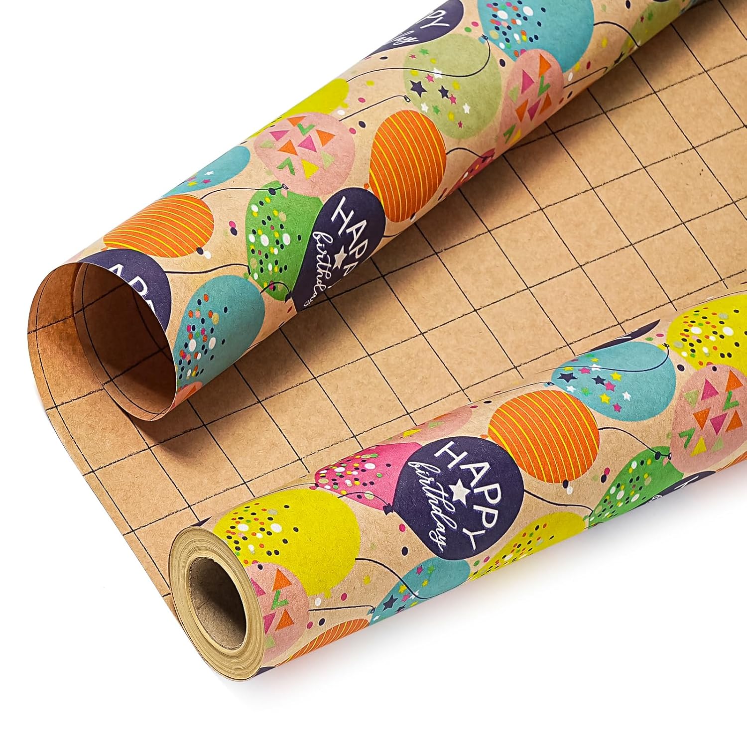 Kraft Birthday Wrapping Paper Roll - Mini Roll - 17 Inch X 9.8 Feet - Colorful Balloon With Confetti Design For Girls Boys Kids, Baby Shower, Party