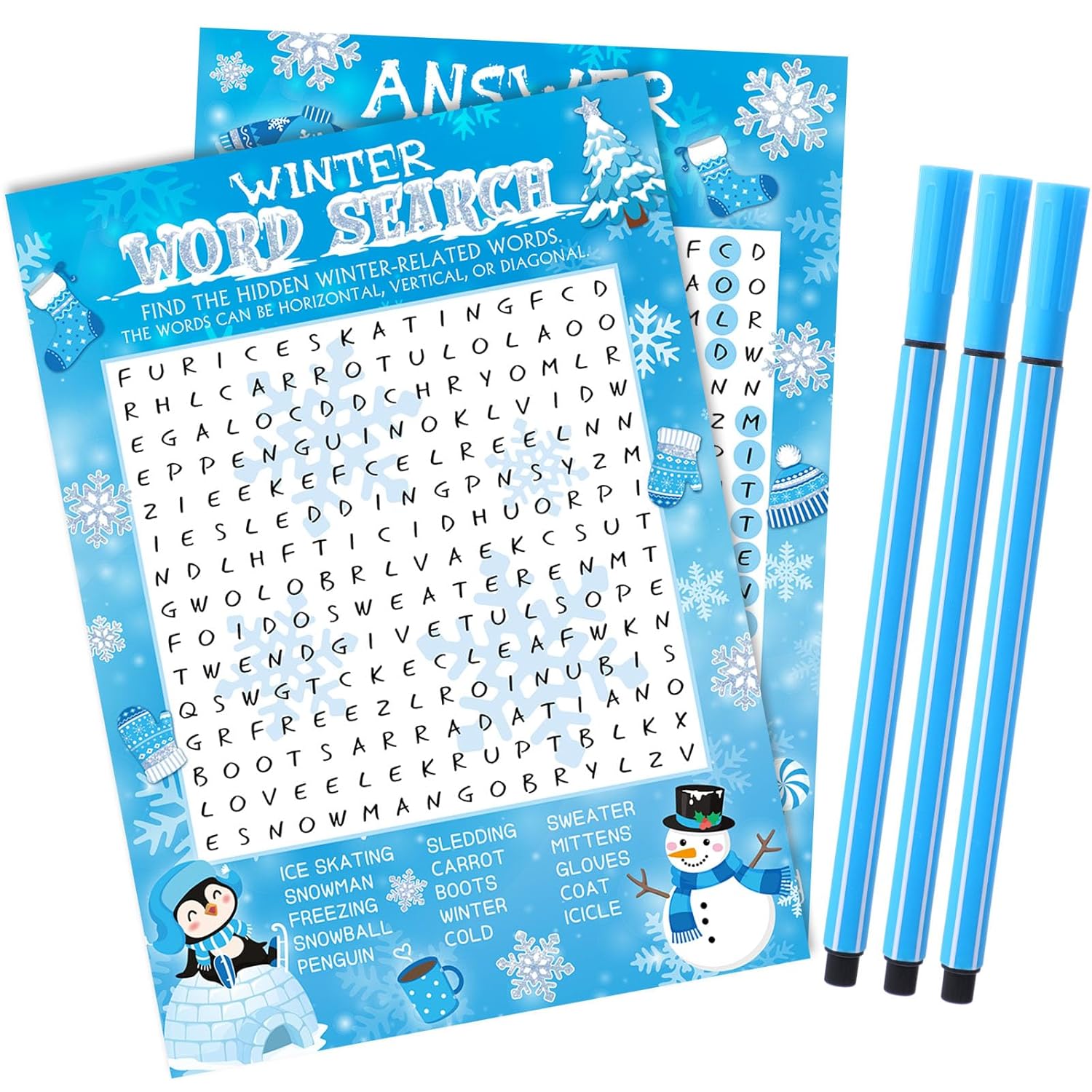 41 Pcs Winter Game Set Winter Word Search Game Card Set 30 Players And 1 Answer Card With 10 Pens For Home Activities Christmas Xmas Holiday Family Wonderland Party Supplies Decor