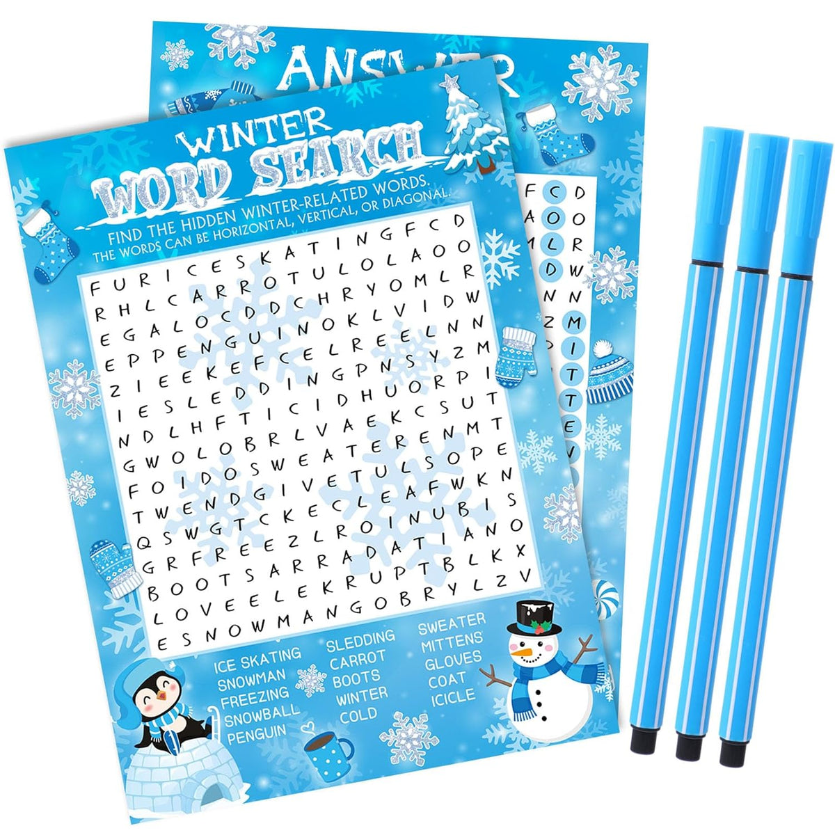 41 Pcs Winter Game Set Winter Word Search Game Card Set 30 Players And 1 Answer Card With 10 Pens For Home Activities Christmas Xmas Holiday Family Wonderland Party Supplies Decor
