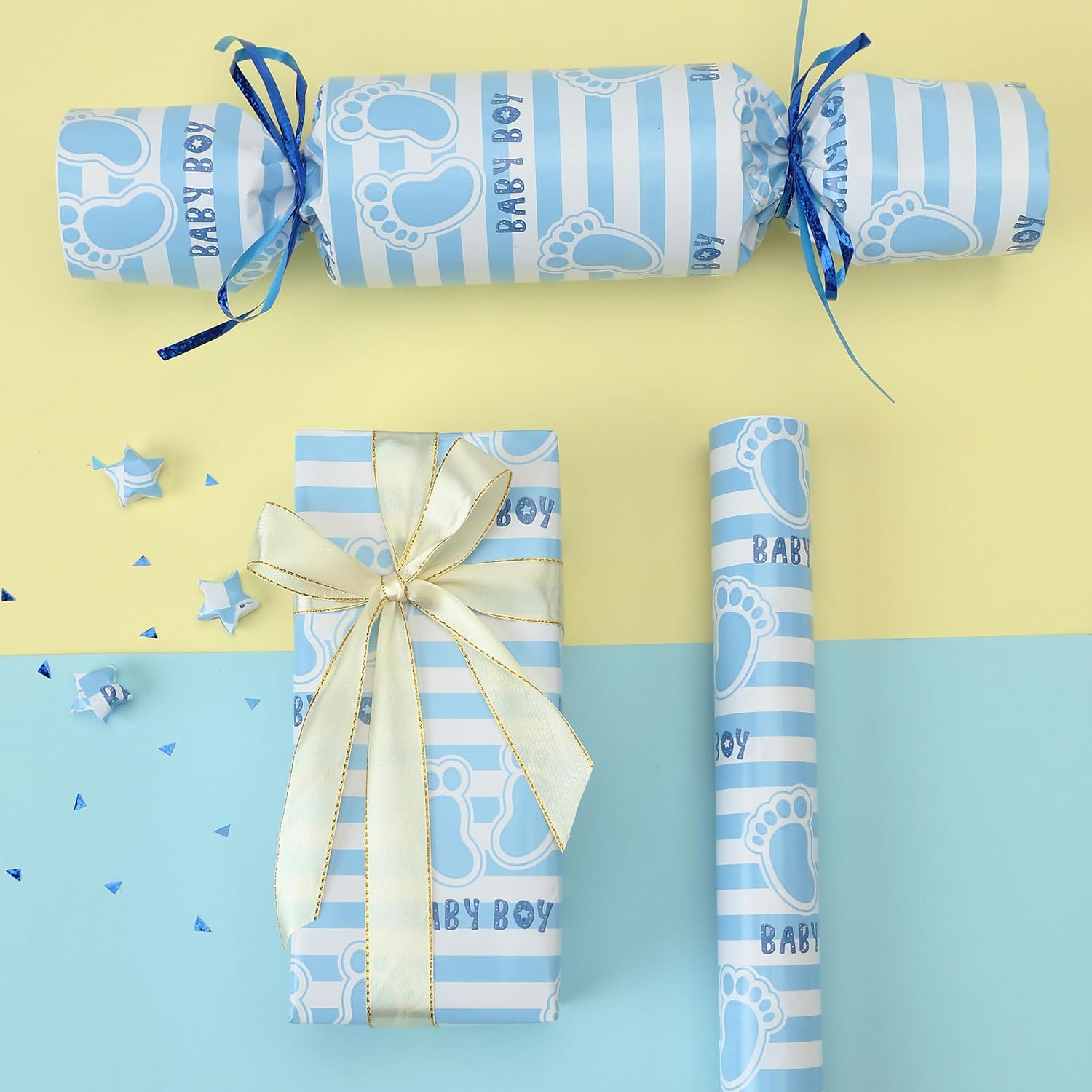 Blue Baby Wrapping Paper Roll-17 Inches X 32.8 Feet, Mini Roll, Footprints And Baby Boy Design Wrap Paper For Baby Shower, Boys' Birthday Party, Newborn, New Moms, Little One, 1St Baby, 1 Roll