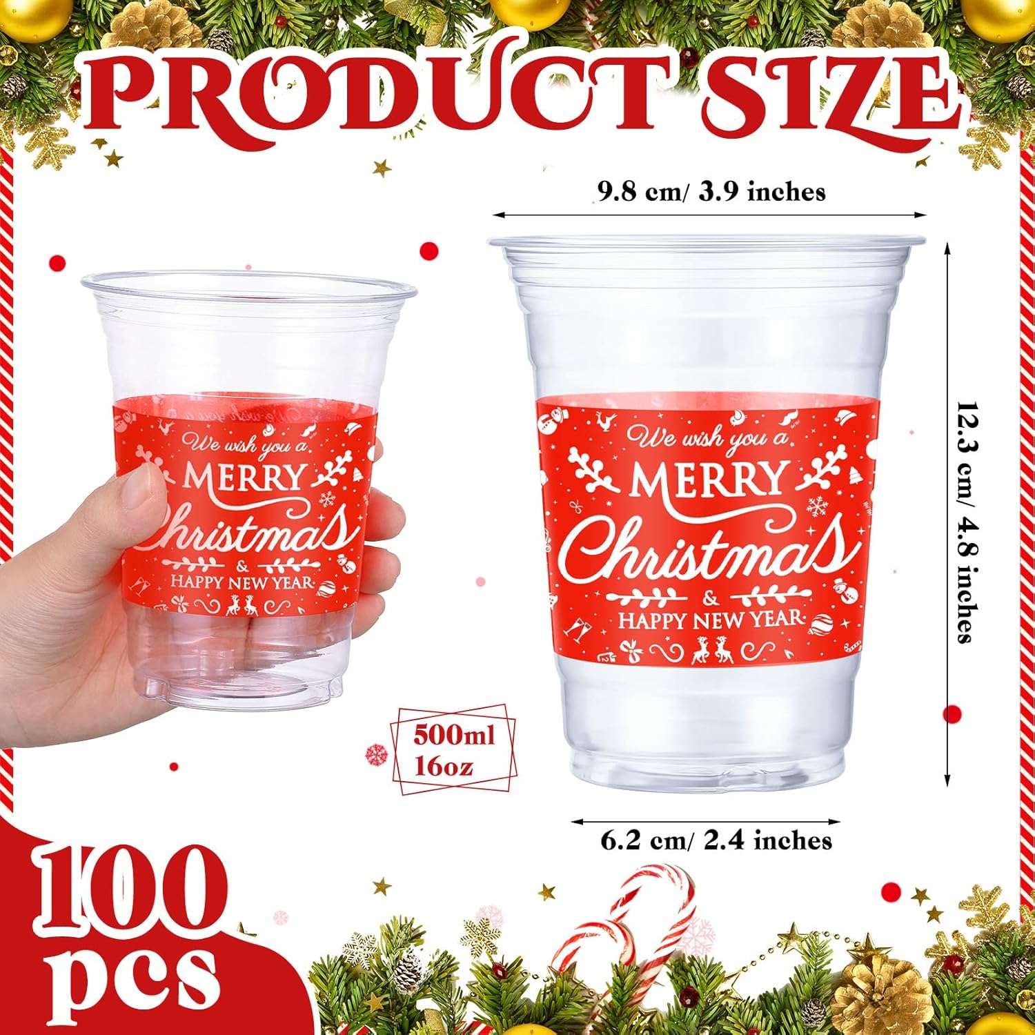 100 Pieces 16 Oz Christmas Party Cups Bulk Merry Christmas Disposable Clear Plastic Cups Holiday Xmas Party Drinking Printed Cup Xmas Supply For Beer Beverage Ice Cream Iced Coffee Snacks