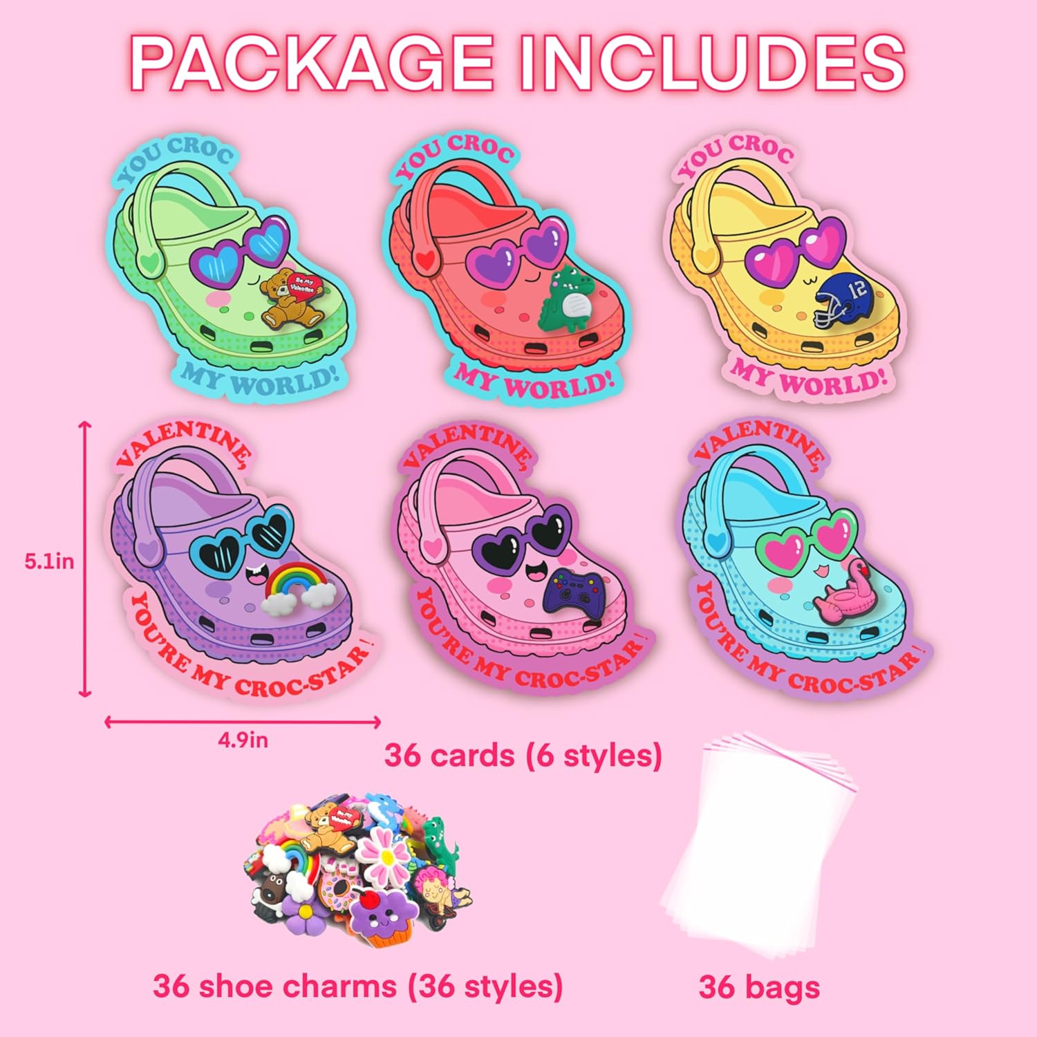 Valentine Cards For Kids Classroom - School Valentines Gifts For Students - 36 Pack Valentines Day Cards With Shoe Charms Bulk - Cute Valentine Exchange For Boys Girls Class Party Favor