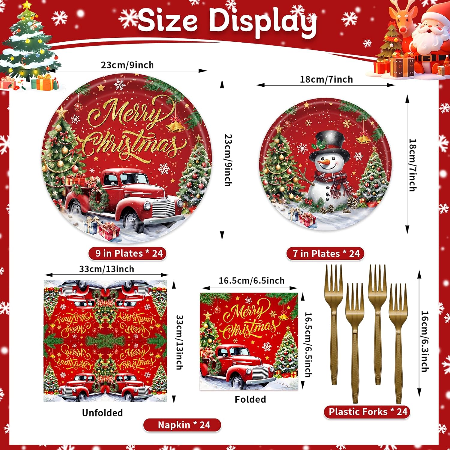 96 Pieces Merry Christmas Paper Plates And Napkins Tableware Set, Snowman Truck Christmas Tree Disposable Dinnerware With Paper Plates Napkins Forks For Xmas Winter Holiday Party Supplies - Serves 24