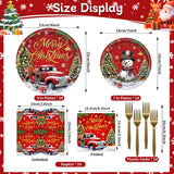 96 Pieces Merry Christmas Paper Plates And Napkins Tableware Set, Snowman Truck Christmas Tree Disposable Dinnerware With Paper Plates Napkins Forks For Xmas Winter Holiday Party Supplies - Serves 24