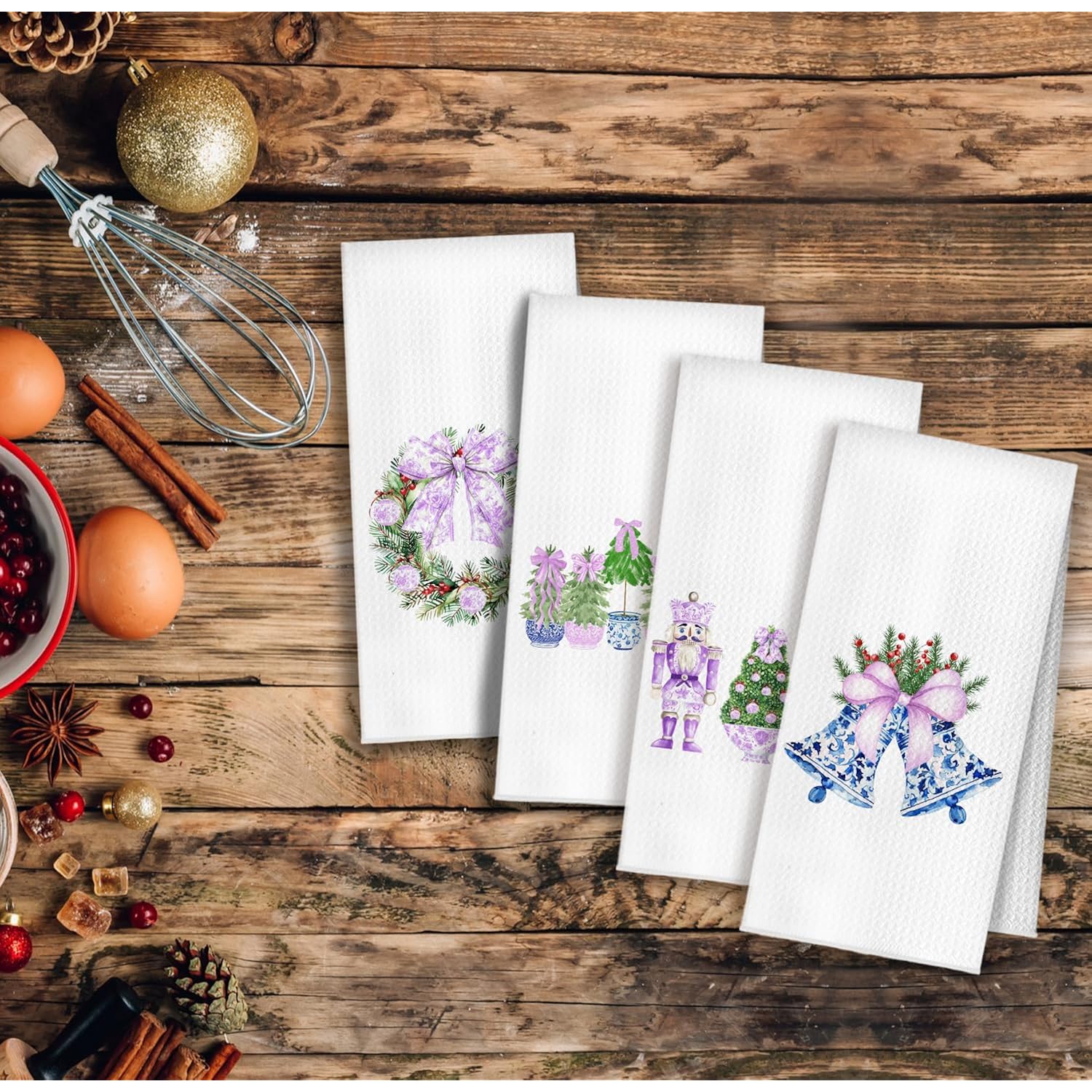 Purple Chinoiserie Christmas Kitchen Towels, Grandmillennial Christmas Dish Tea Towels, Blue White Xmas Tree Wreath Nutcracker Bell Decorative Hand Towels For Bathroom, 16X24 Inch Set Of 4