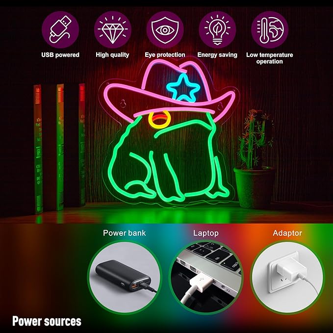 Cowboy Toad Neon Sign Dimmable USB LED Frog Wall Light 13.8 x 12.6 Inch for Man Cave Pub Room Decor
