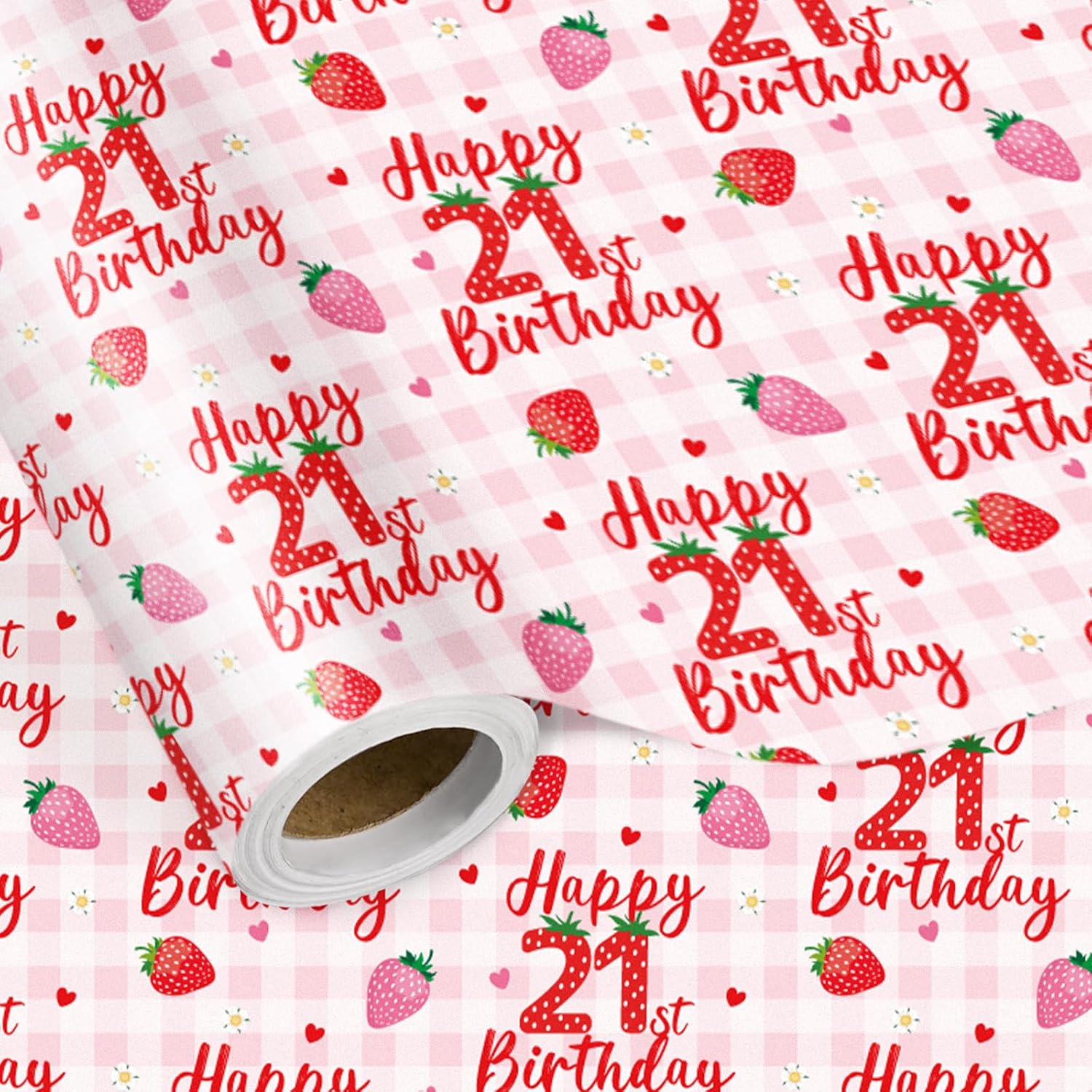 Happy 21St Birthday Wrapping Paper Roll, Strawberry & Pink Gingham Gift Wrap For Woman’S Twenty-First Age21 Birthday Party, Gifts & Celebrations, Mini Roll 17 In X 16.4 Ft