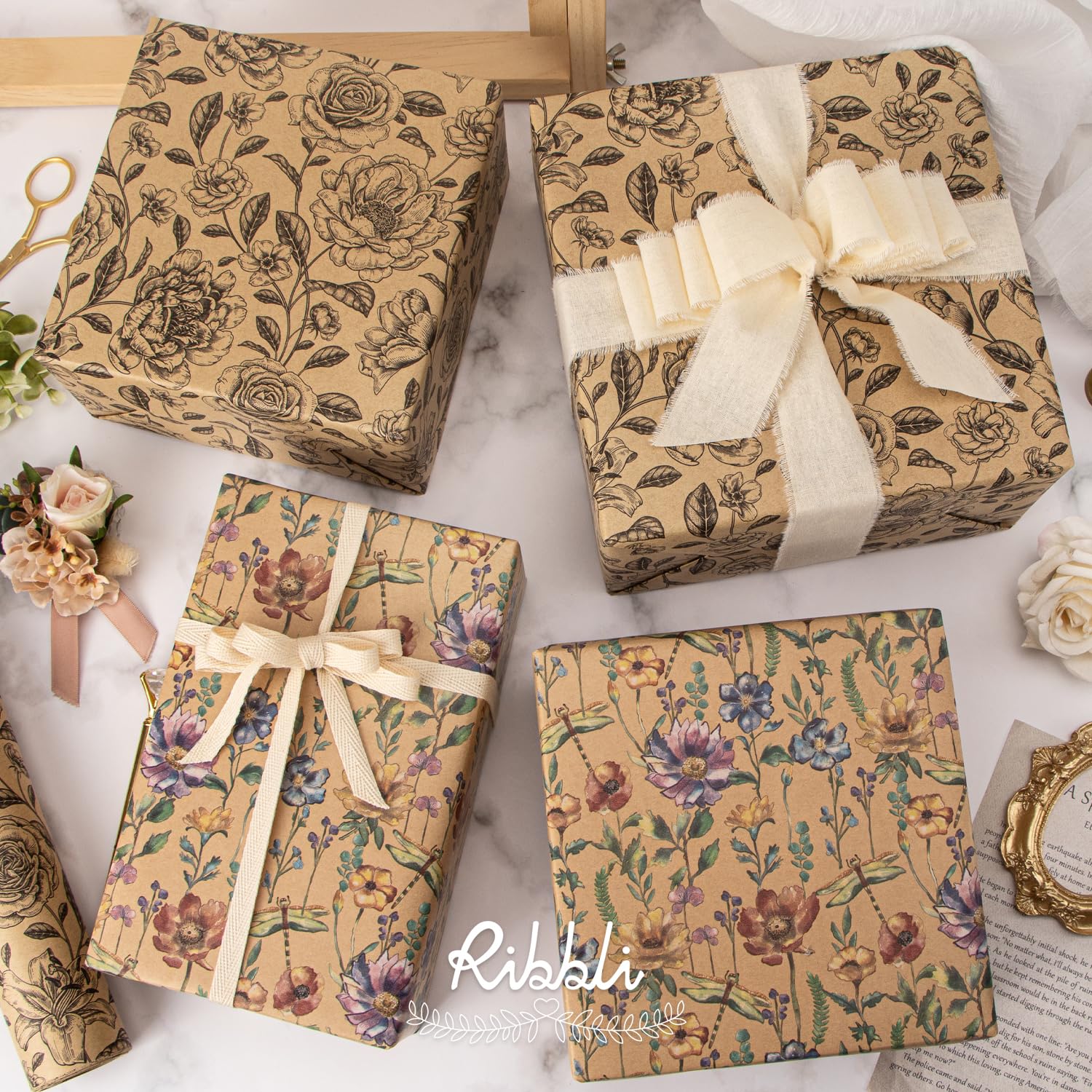 Wedding Kraft Wrapping Paper Floral Vintage Style Paper Perfect For Bridal Shower Women Girls Anniversary Birthday With Black Pattern- 17Inch X 394Inch(33Feet)