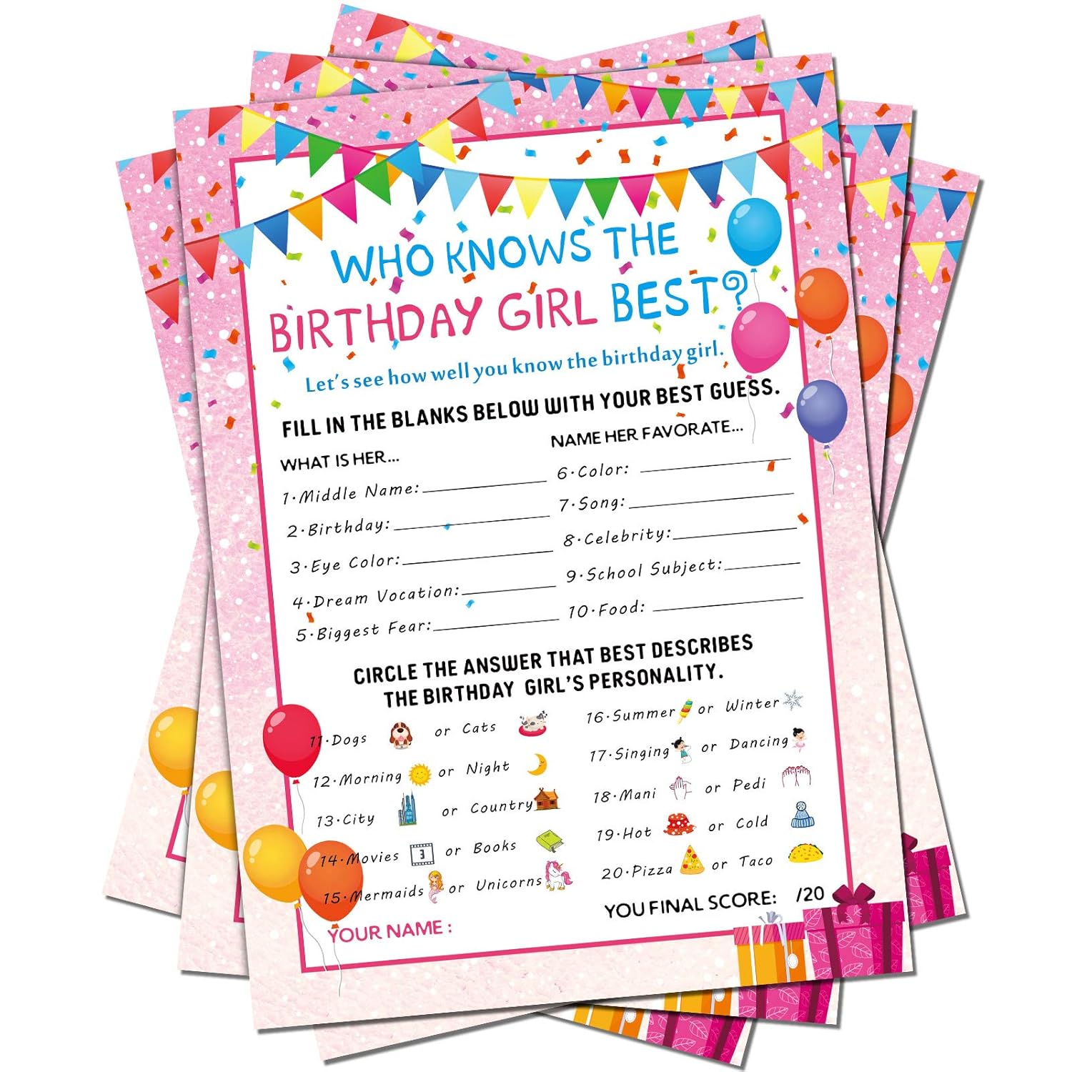 The Birthday Girl Best, 50 Pieces Birthday Party Activity Game Card Set Who Knows Her Best Girl Birthday Party Activity Themed Party Decorations (Pink)