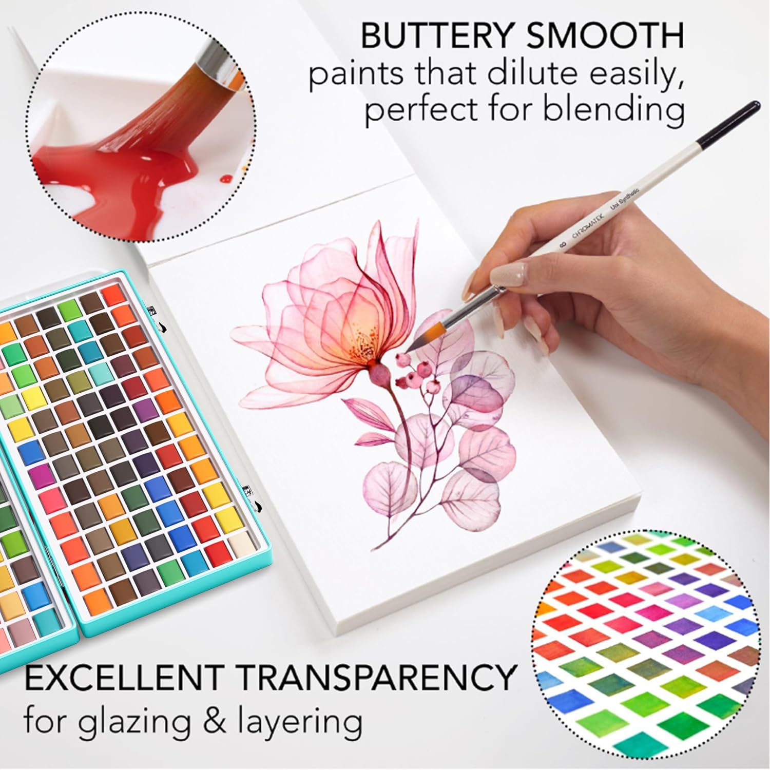 Watercolor Paint Set – 128 Vibrant Colors For Artists & Beginners With Palette – Includes Metallic, Fluorescent, Pastel & Opaque Shades, Brushes, Pad, Swatch Sheets & Travel Case
