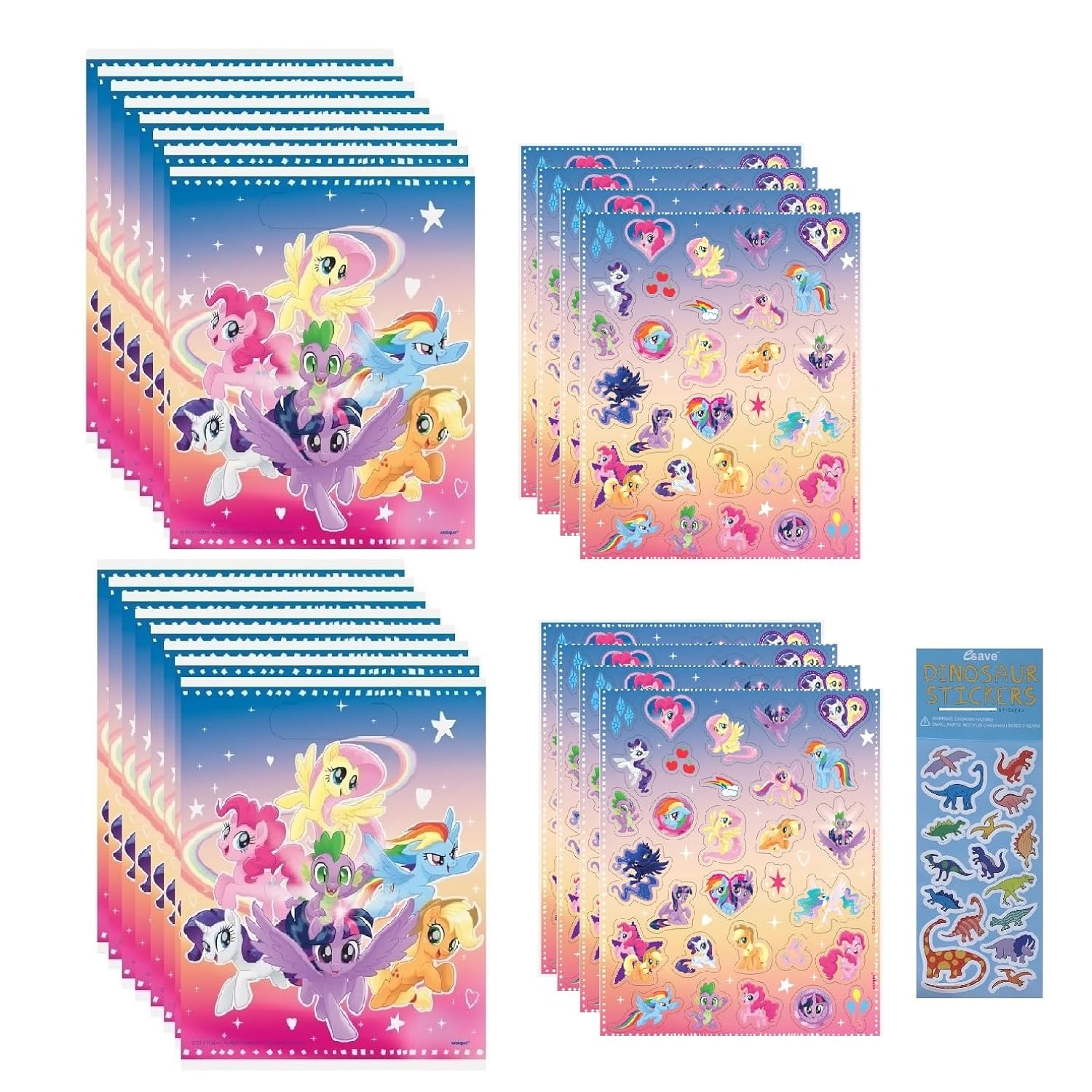 Unique My Little Pony Birthday Party Supplies Favor Bundle Pack includes 16 Plastic Loot Bags, 8 Sticker Sheets, 1 Dinosaur Sticker Sheet