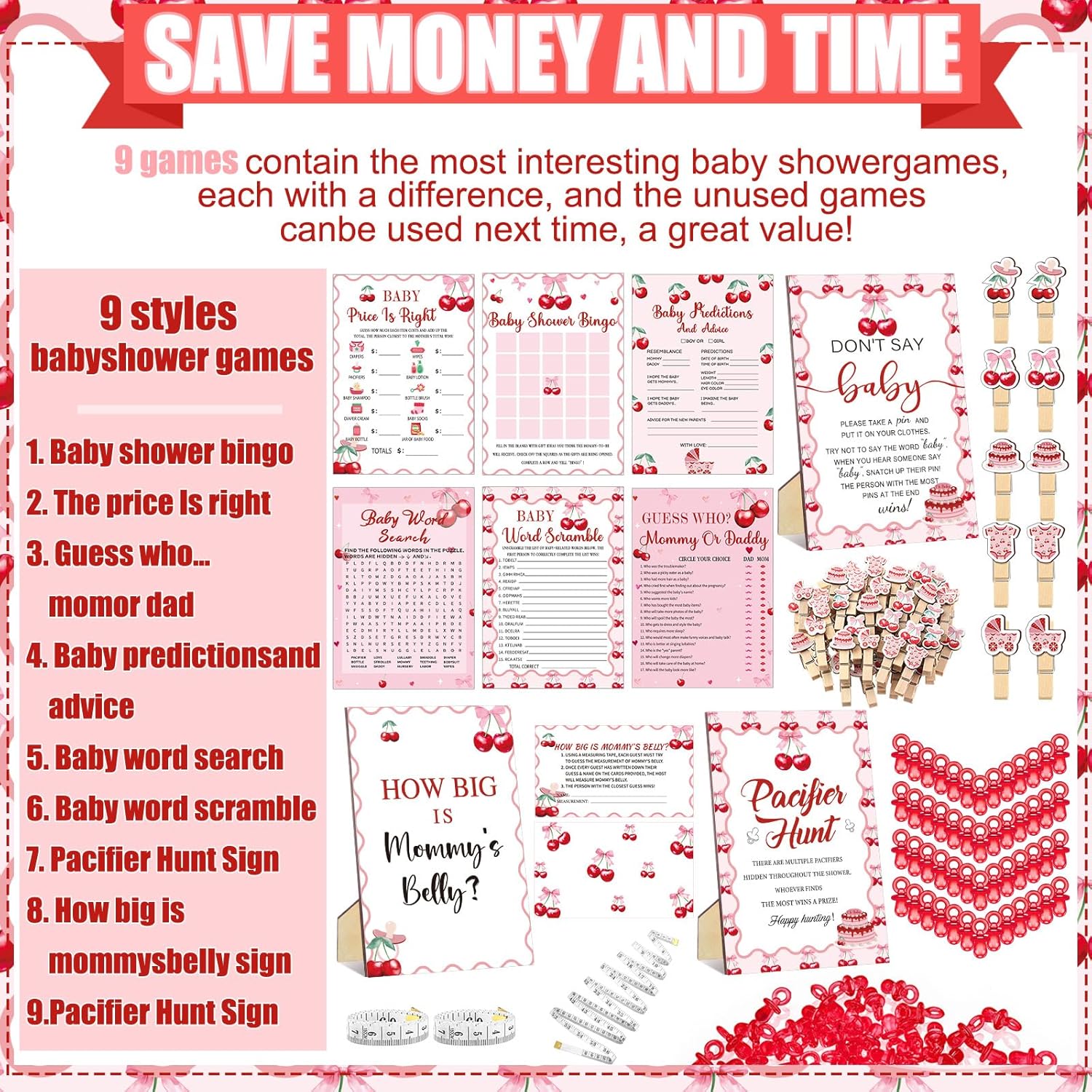 476 Pcs Cherry Baby Shower Games 6 Sets Activities Cards Pacifier Hunt Game 50 Pacifiers How Big Is Mommy'S Belly Sign 50 Guessing Cards 2 Measuring Tape Don'T Say Baby Sign 50 Clothespin