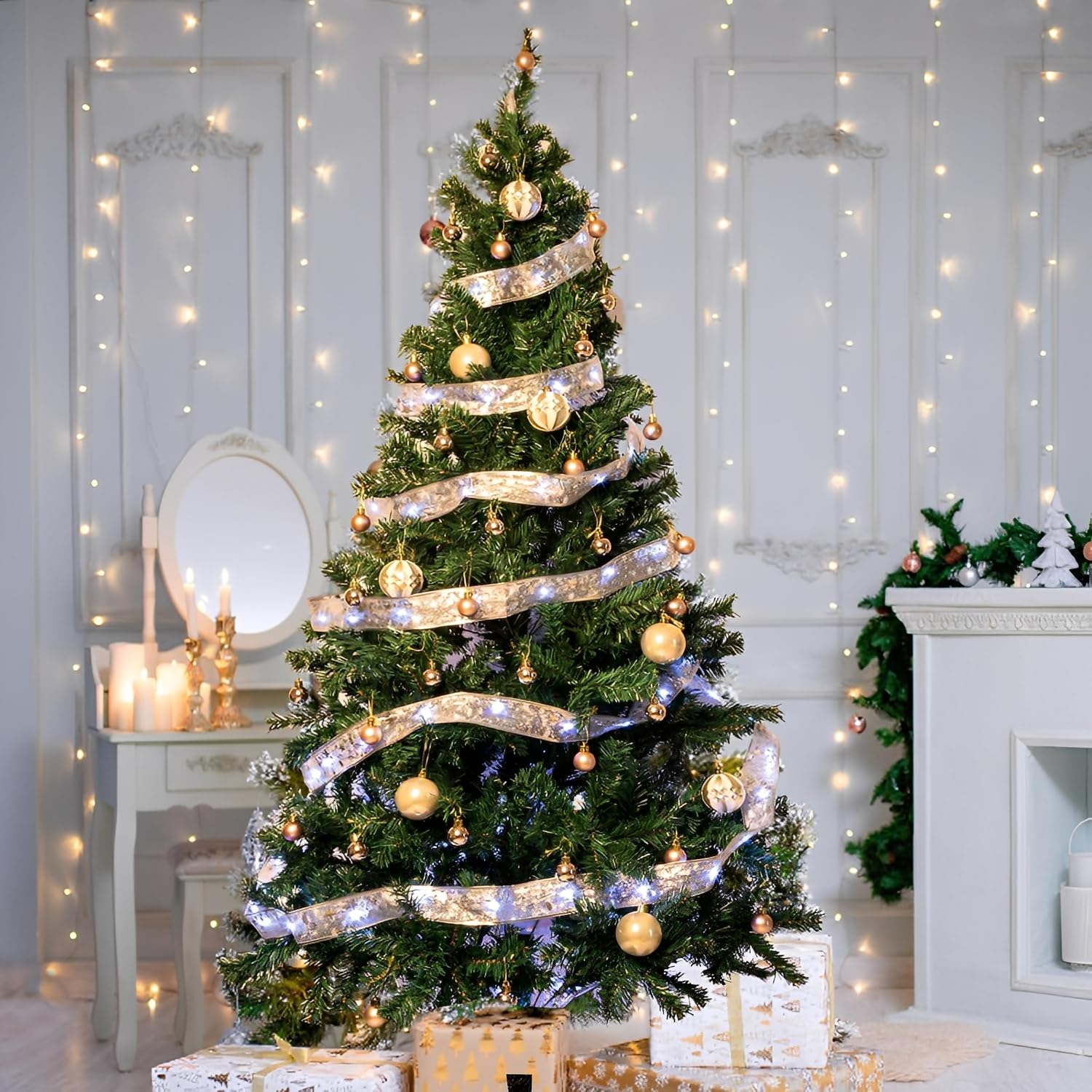 Christmas Tree Decorations 66Ft 200 Led Sliver Ribbon Fairy Lights Battery-Powered Copper Wire Bows For Christmas New Ye