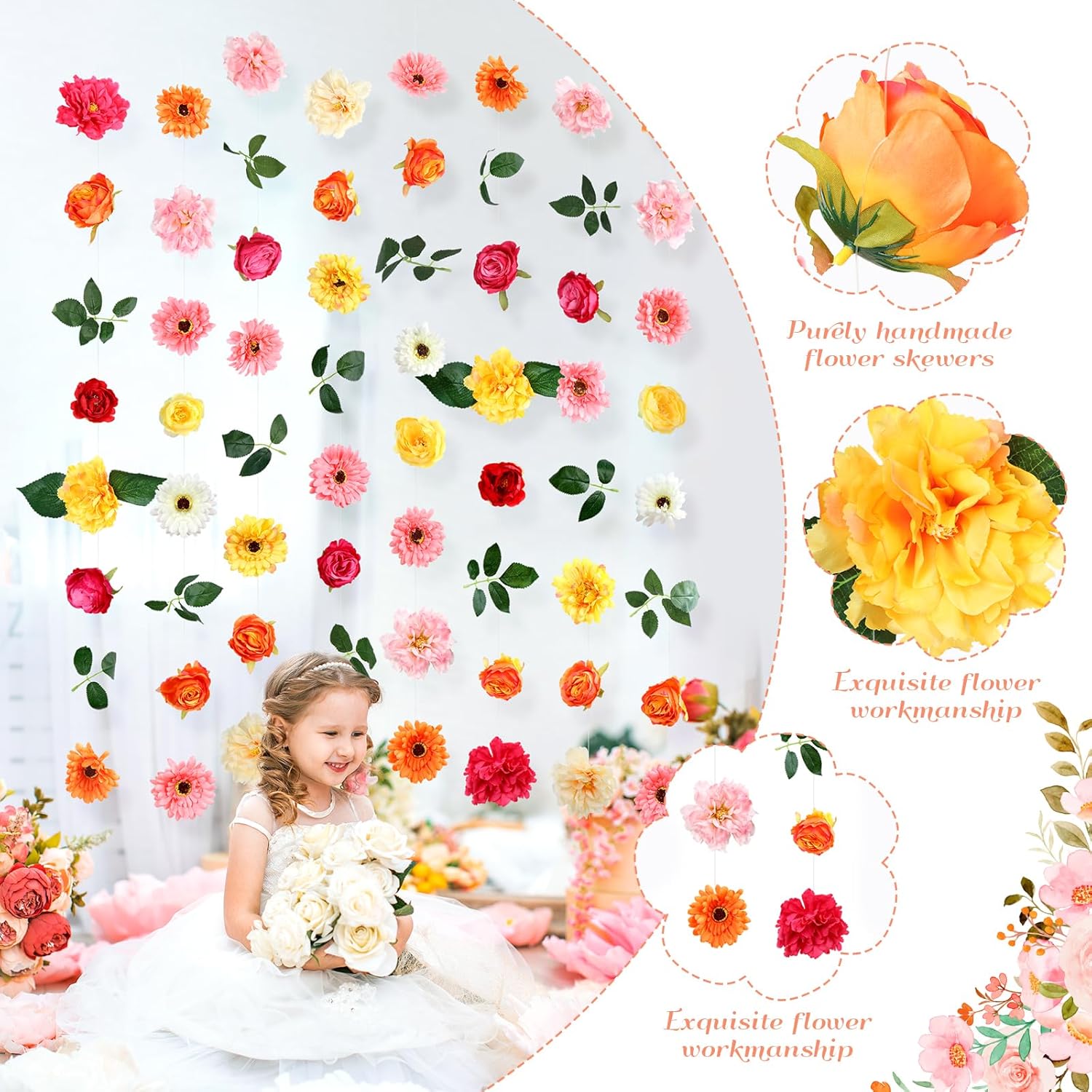 8 Pcs Flower Garlands Hanging Decorations,Daisy And Rose Orange Artificial Flowers With Hooks Fall Party Decorations For Wedding Birthday Baby Shower Autumn Home Birthday Decorations