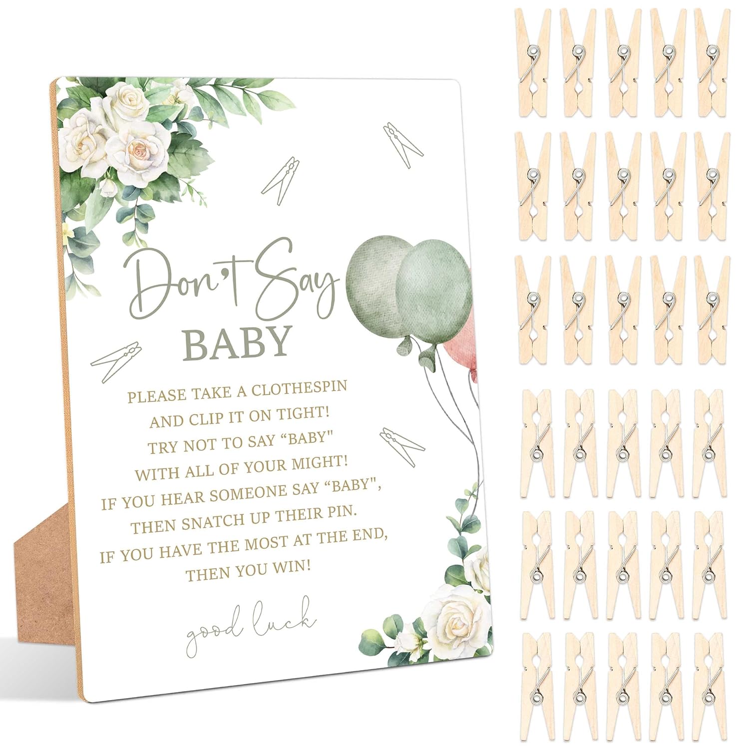 Sage Green Don'T Say Baby Clothespin Game, Pack Of 1 Wooden Tabletop Sign With Stand And 50 Mini Natural Clothespins, Greenery Floral Balloons Baby Shower Game, Gender Reveal Party Decorations - Qx08
