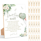 Sage Green Don'T Say Baby Clothespin Game, Pack Of 1 Wooden Tabletop Sign With Stand And 50 Mini Natural Clothespins, Greenery Floral Balloons Baby Shower Game, Gender Reveal Party Decorations - Qx08