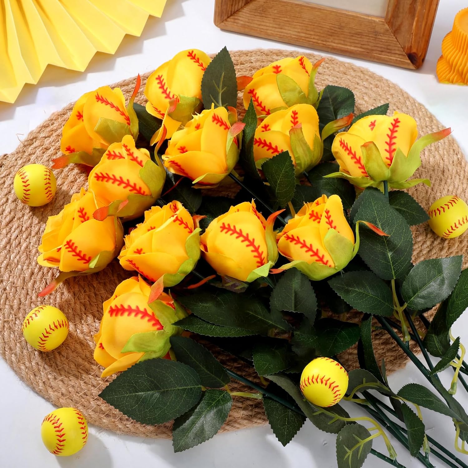 12 Pcs Softball Rose With Leaves Bulk Artificial Fake Roses Decor Sports Flower Gifts For Table Centerpieces Graduation Wedding Gifts Sports Theme Rose Bouquet Party Favors