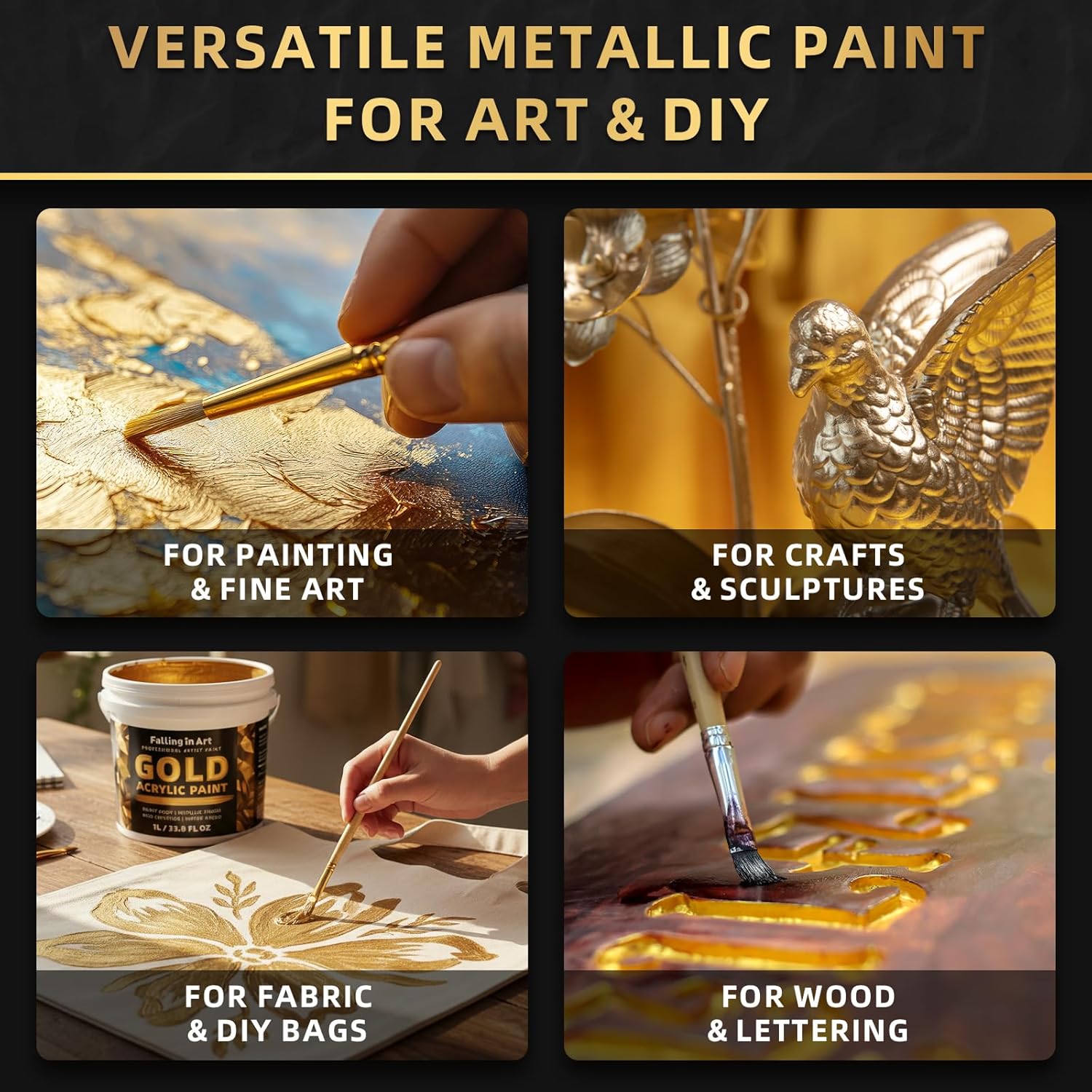 Gold Metallic Acrylic Paint, 33.8 Oz Heavy Body Gold Leaf Paint, Non-Toxic Art Paints For Metal, Furniture, Canvas, And Diy Crafts