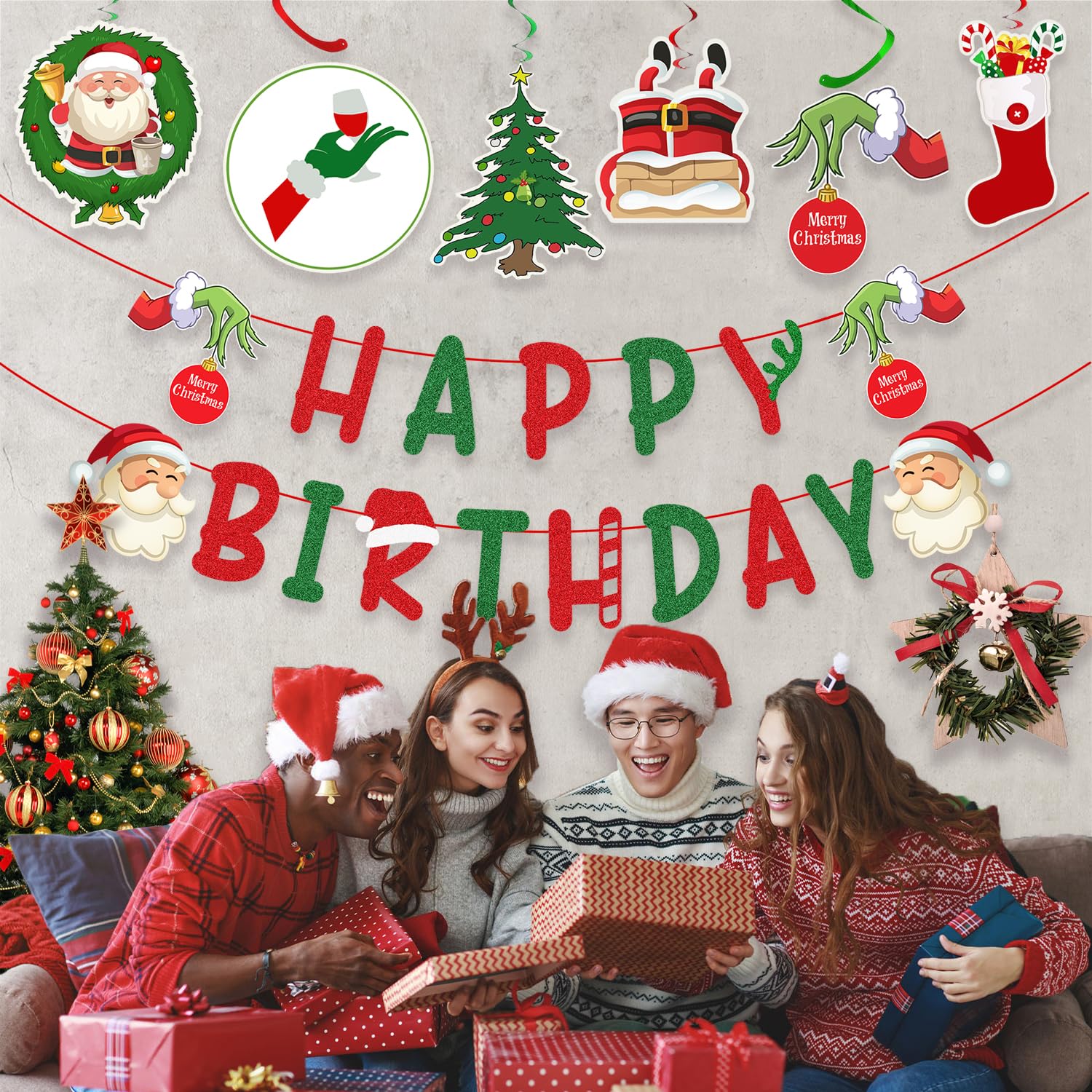 Christmas Birthday Party Decorations – Glittery Happy Birthday Banner, Christmas Hanging Swirls With Christmas Ornaments For Christmas Decorations, Christmas Birthday Decorations