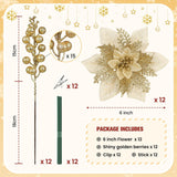 24 Pieces Christmas Tree Decorations, 12 Pcs Gold Poinsettia Flowers Artificial And 12 Pcs Glitter Christmas Tree Picks For Christmas Decorations Party Wreath Fireplace Stairs, Gold