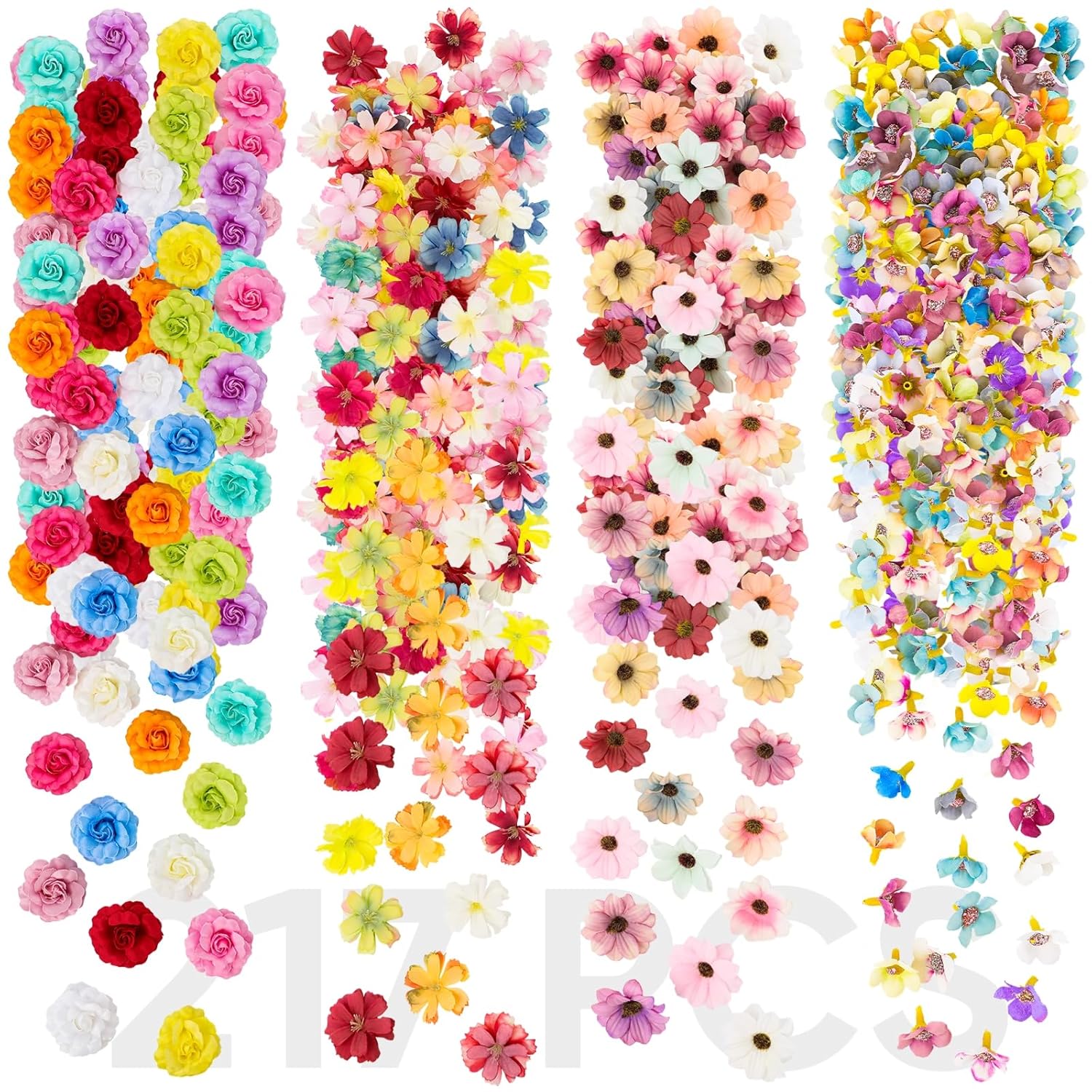 217 Pcs Mini Artificial Silk Flowers, Fake Rose Daisy Faux Flowers For Crafts, Rose Flowers Sunflower Daisy For Wedding Decoration And Daily Embellishment