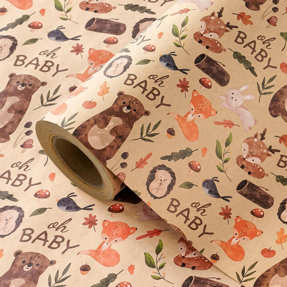 Kraft Jungle Baby Shower Wrapping Paper Roll - Mini Roll - 17 Inch X 16.5 Feet - Oh Baby And Little Woodland Animal Wrapping Paper For Baby Shower, Kids Girls Boys Birthday
