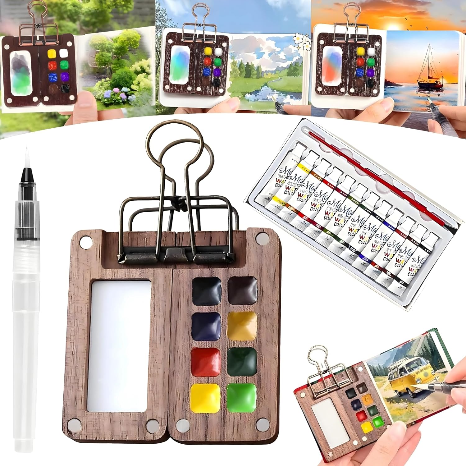 Tobios Watercolor Kit?Mini Travel Watercolor Paint Set,Pocket Artist Watercolor Set With Paint,Brush,Nano Palette,Walnut Wood,Wooden Paint Box For Painters Artists Students