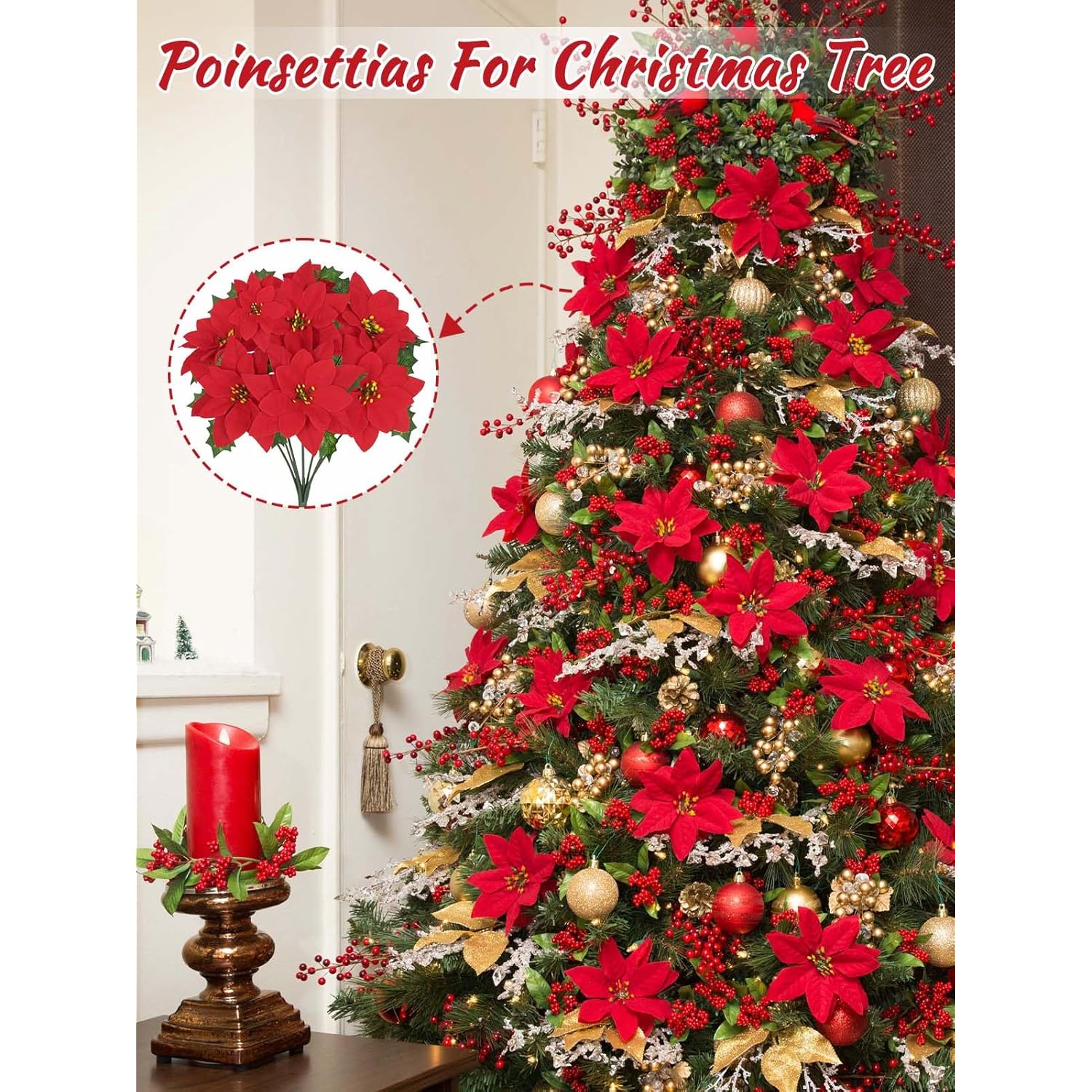 Christmas Decorations - 6 Pack Poinsettias Artificial Christmas Flowers, Fake Red Velvet Artificial Poinsettias Flowers For Christmas Tree Home Party Porch Yard Indoor Outdoor Decor