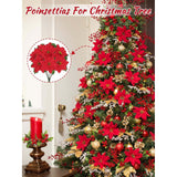 Christmas Decorations - 6 Pack Poinsettias Artificial Christmas Flowers, Fake Red Velvet Artificial Poinsettias Flowers For Christmas Tree Home Party Porch Yard Indoor Outdoor Decor