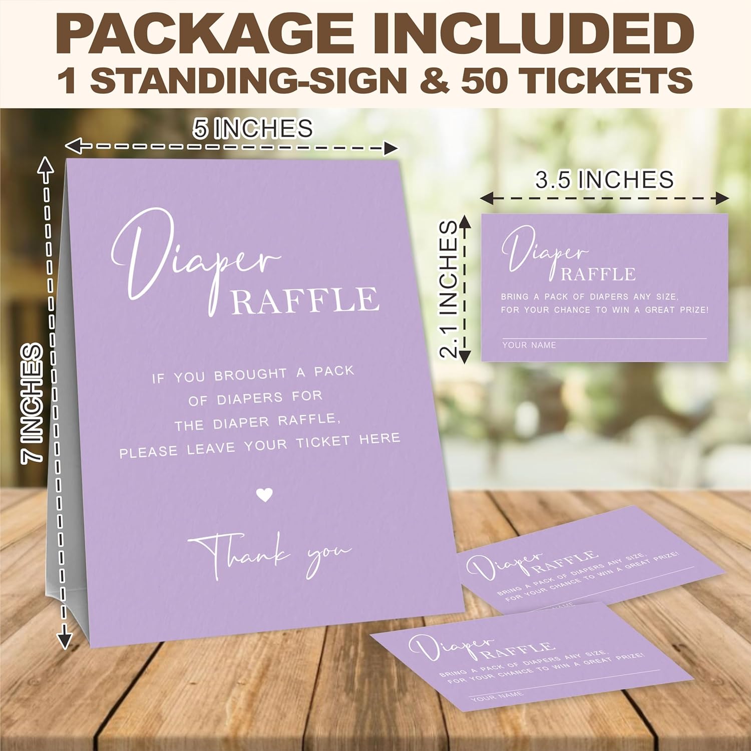 Baby Shower Diaper Raffle Game Set, Calligraphy Purple Theme, 1 Standing Sign & 50 Raffle Tickets, Baby Shower Game Kit, Gender Reveal Party Supplies - A18