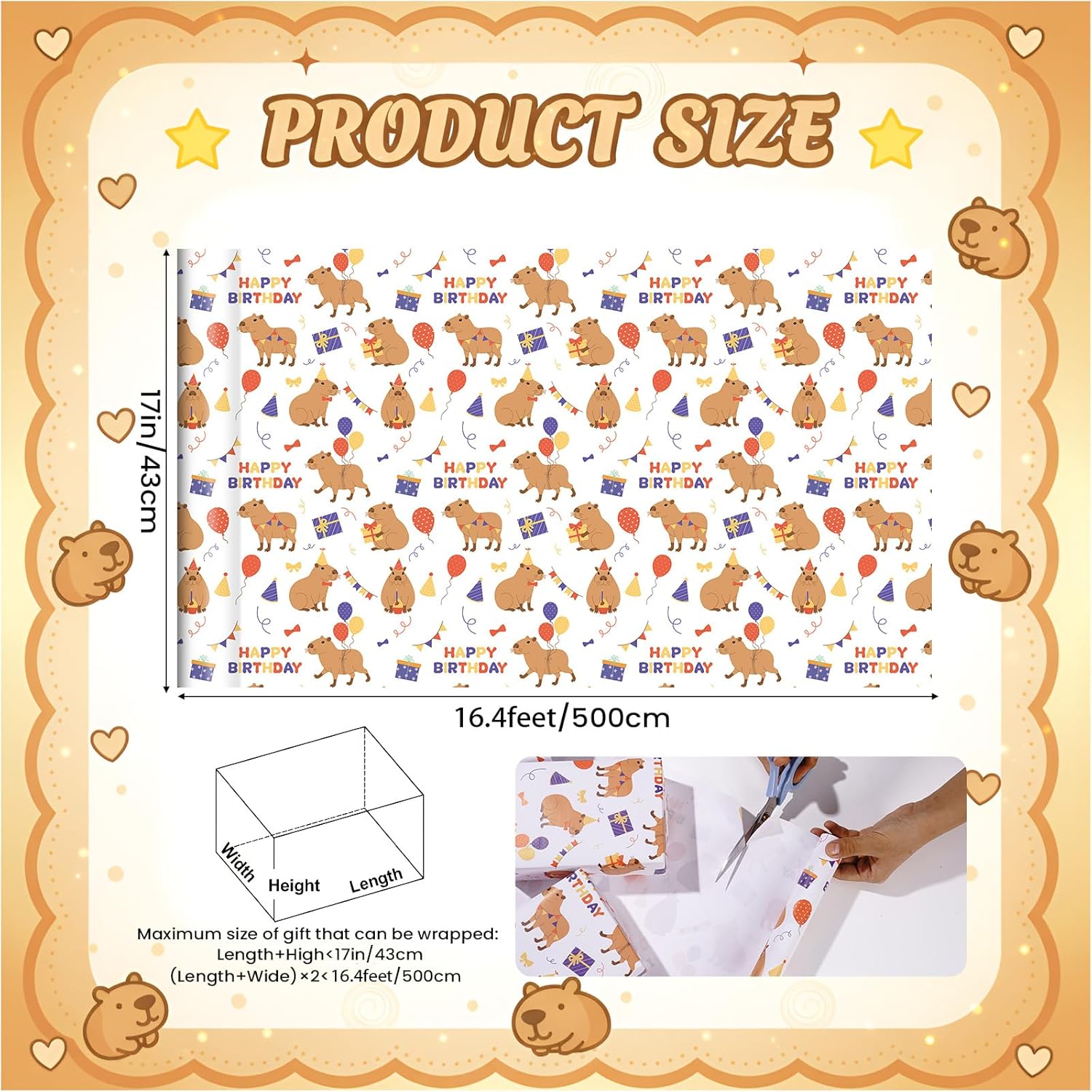Capybara Birthday Wrapping Paper Roll, Happy Birthday Wrapping Paper For Kids, Cute Capybara Gift Wrap For Boys Girls Kids Holiday Baby Shower Party Supplies, 17 Inch × 16.4 Feet