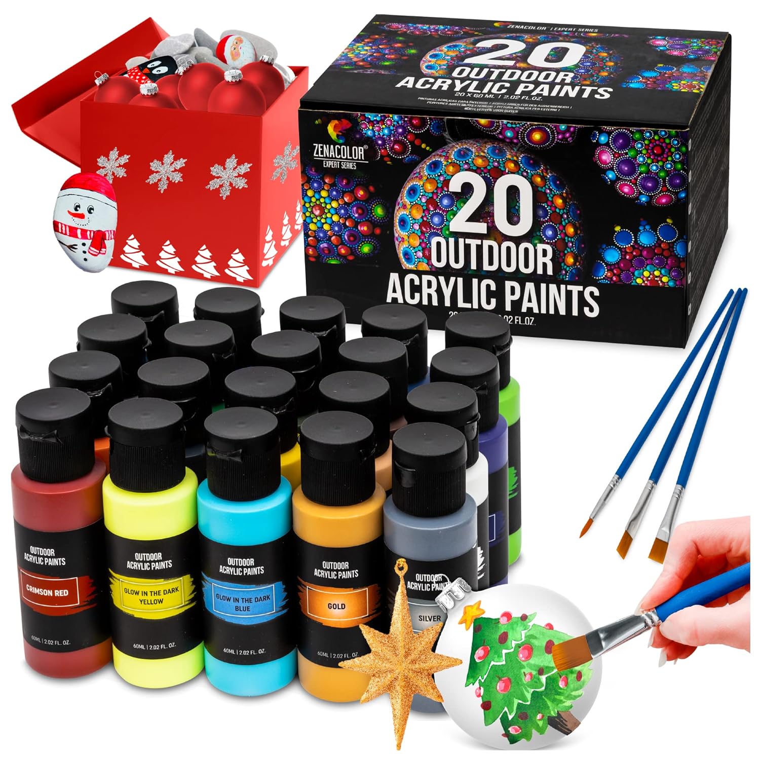Outdoor Acrylic Paint Set (2 Fl Oz)- 20 Tubes 2 With Glow In The Dark Effect - Art Supplies For Adults - For Multiple Use- Woods, Leather, Metal & Fabric Paint & Paint For Rocks Outdoor/Craft Paint