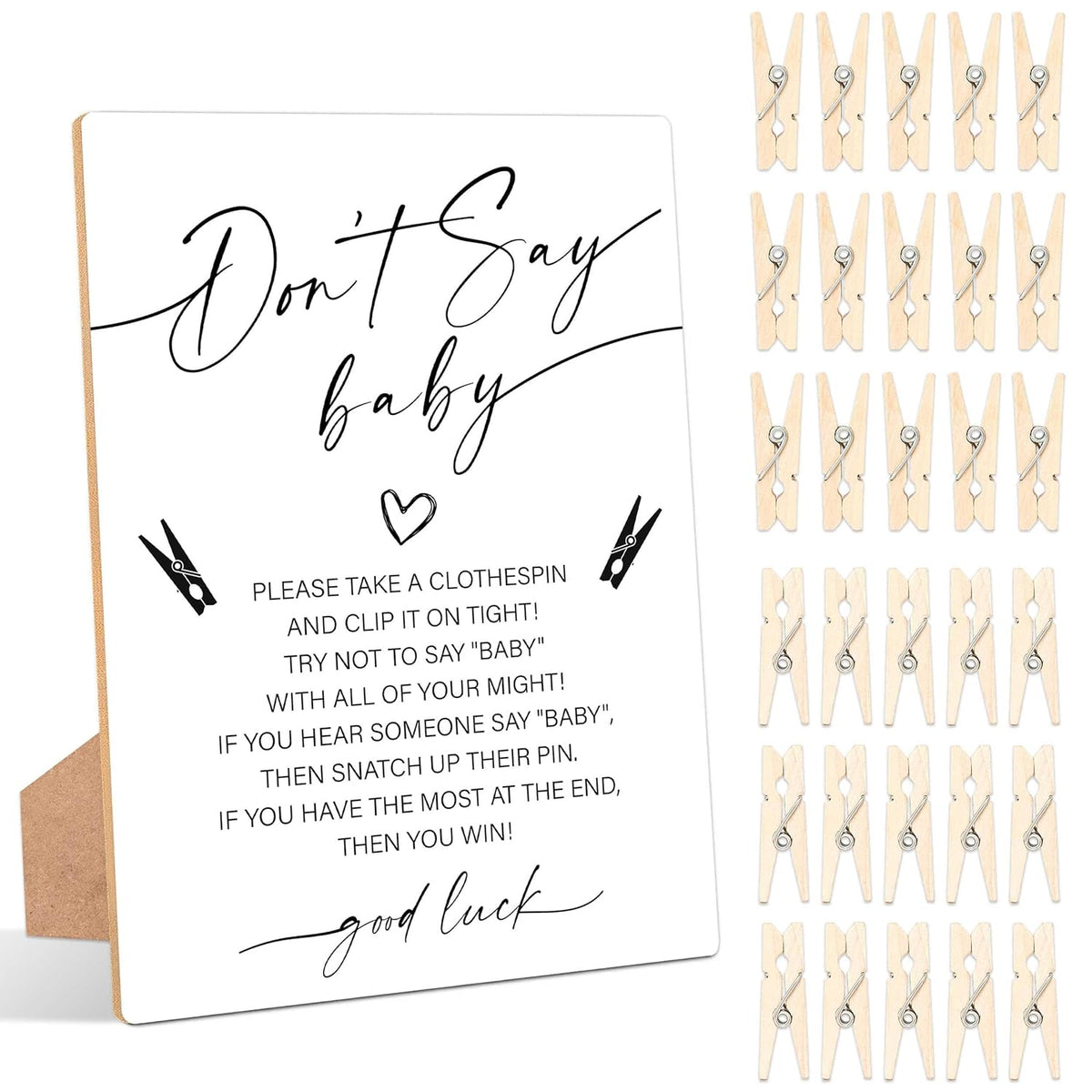 Minimalist Don'T Say Baby Clothespin Game, Pack Of 1 Wooden Tabletop Sign With Stand And 50 Mini Natural Clothespins, Modern Baby Shower Game, Gender Reveal Party Decorations - Qx09