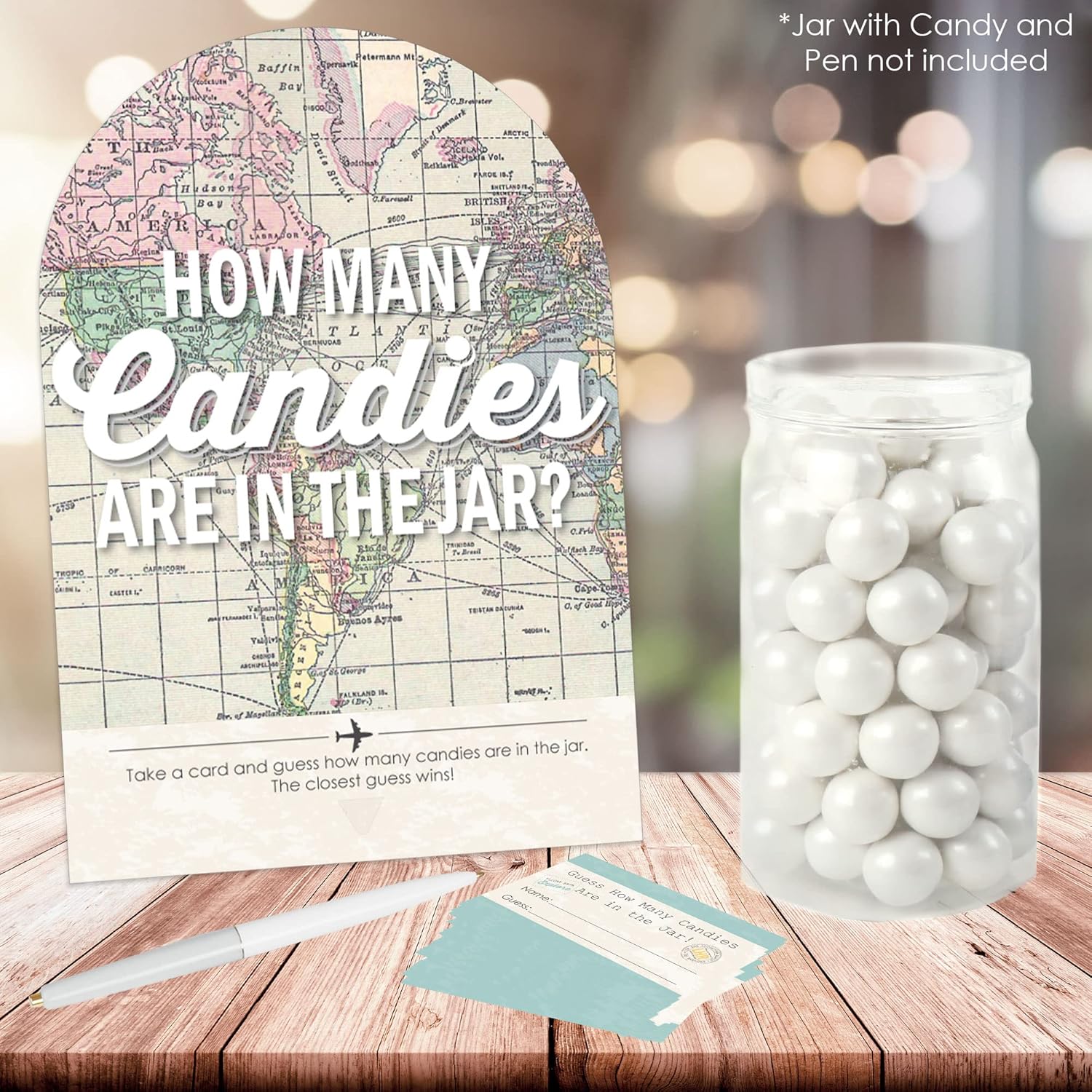Big Dot of Happiness World Awaits - How Many Candies Travel Themed Party Game - 1 Stand and 40 Cards - Candy Guessing Game