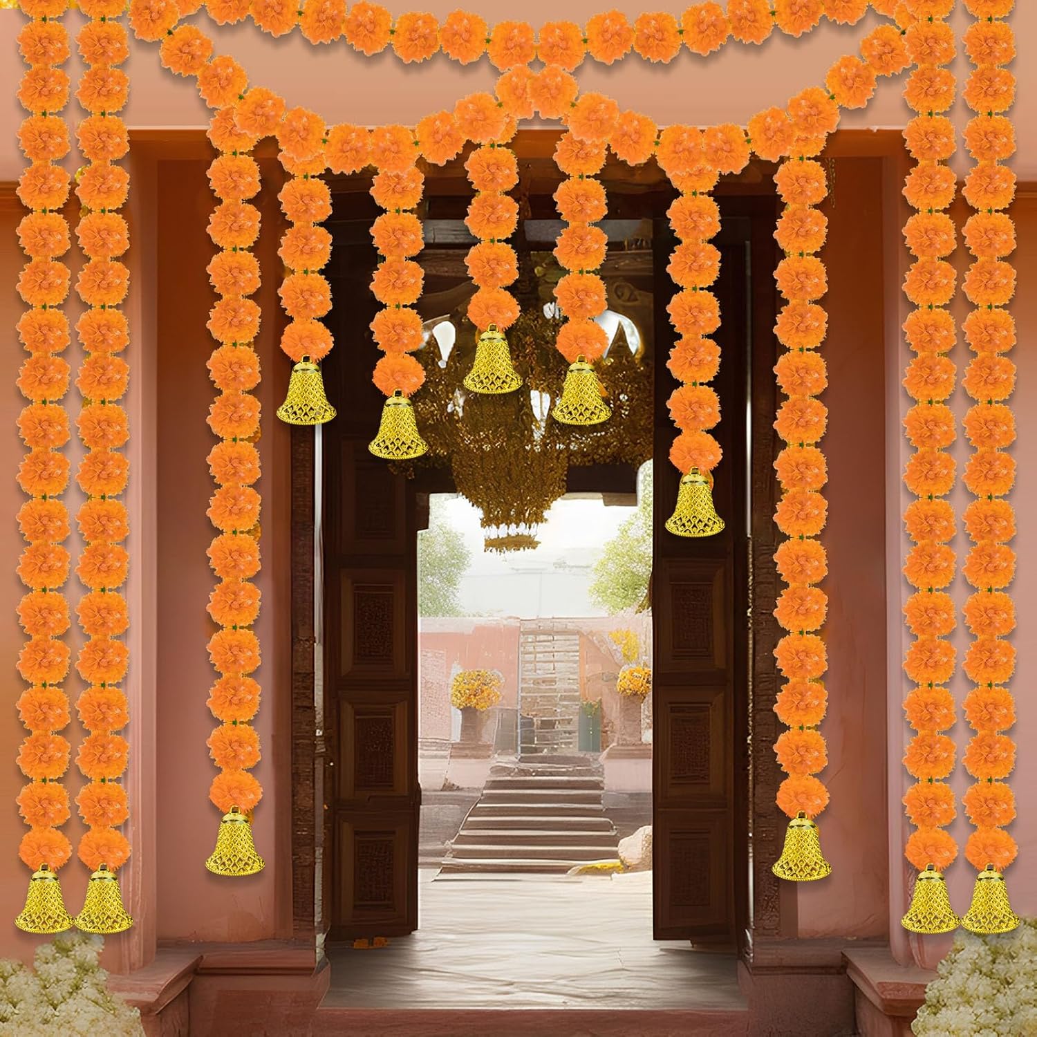 10 Pcs Marigold Garland For Diwali Decoration Pooja Decoration Items Indian 5 Feet Long Artificial Marigold Flowers For Pooj Dia De Los Muertos Varalakshmi Day Of The Dead(Orange)
