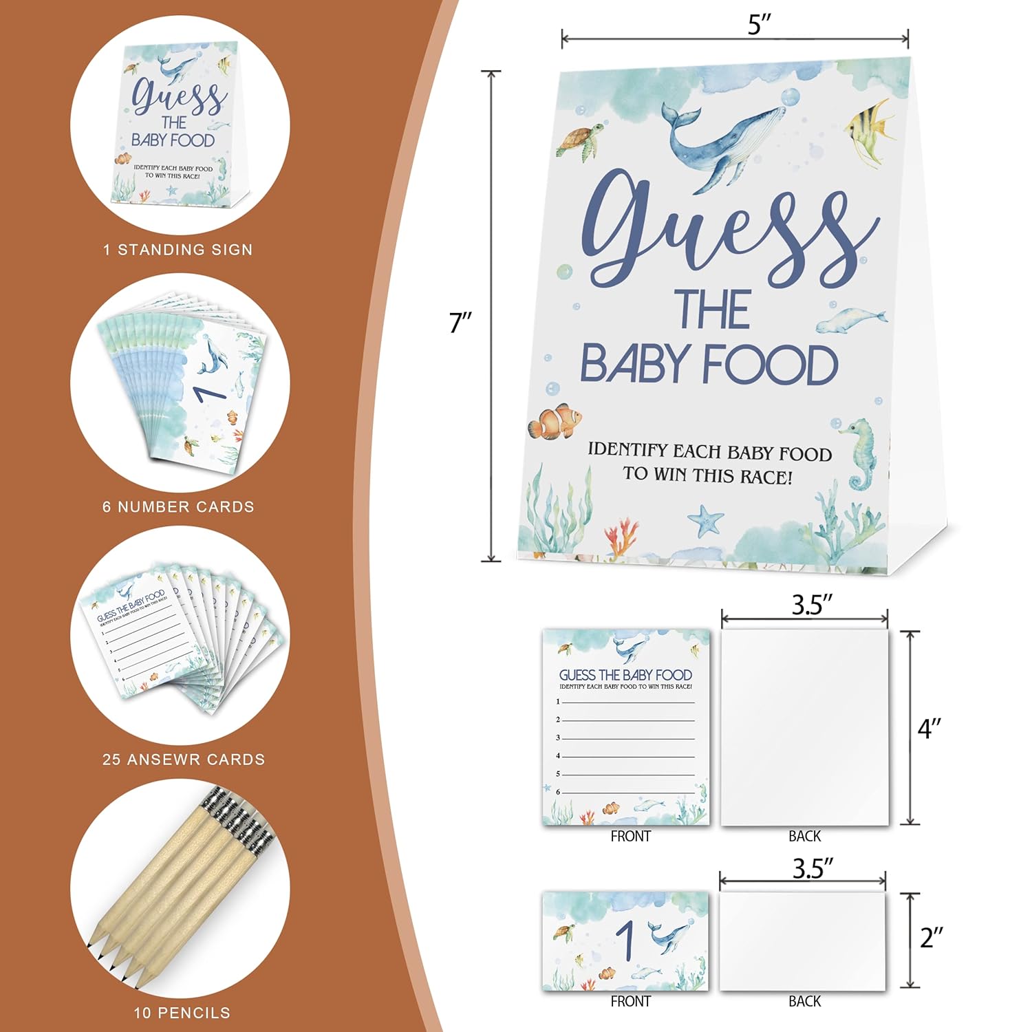 Guess The Baby Food Party Games, Baby Shower Game Set (1 Standing Sign + 25 Answer Cards + 6 Number Cards+10Pens), Ocean Theme Baby Shower Decorate Neutral Greenery Boys And Girls Shower Games