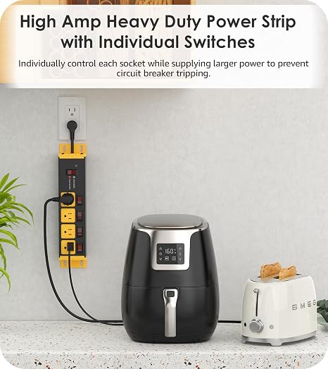 20A Heavy Duty Power Strip Individual Switches 12 Gauge Short Flat Cord Yellow