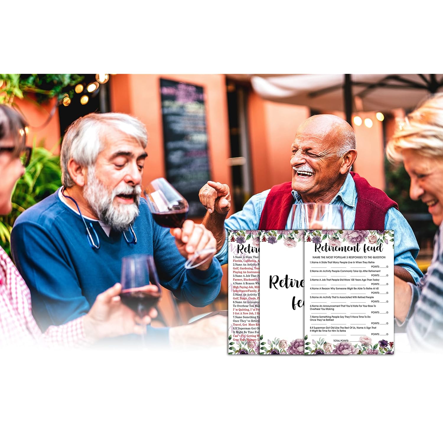 Retirement Feud Co-Worker Party Game - Purple Floral Retirement Ideas Activities Supplies Decorations (30 Game Cards & 1 Answer Card) - B06