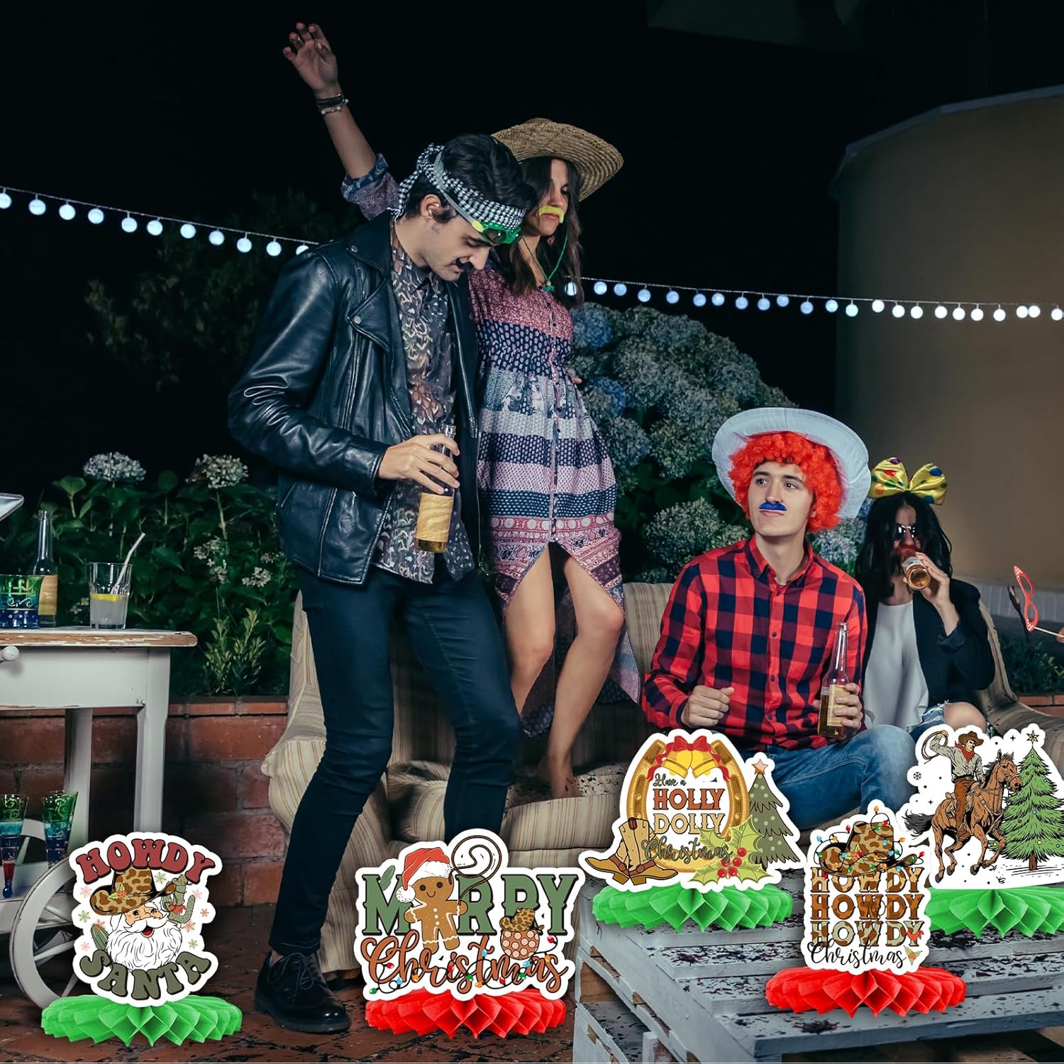 Merry Christmas Honeycomb Centerpiece Decorations, 8Pcs Western Cowboy Merry Christmas Honeycomb Centerpieces, 3D Double Sided Printing For Christmas Holiday Christmas Birthday Table Decorations