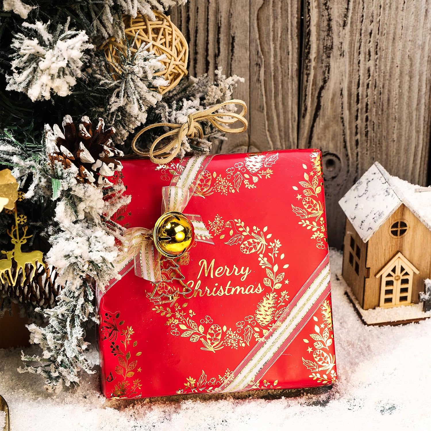 Red Gold Christmas Wrapping Paper Mini Roll, Christmas Tree Buffalo Plaid, Holly Jolly, Wreath Metallic Foil Holiday Gift Wrap, Arts Craft, For Xmas Winter Party, 17 X 120 Inches, 3 Rolls