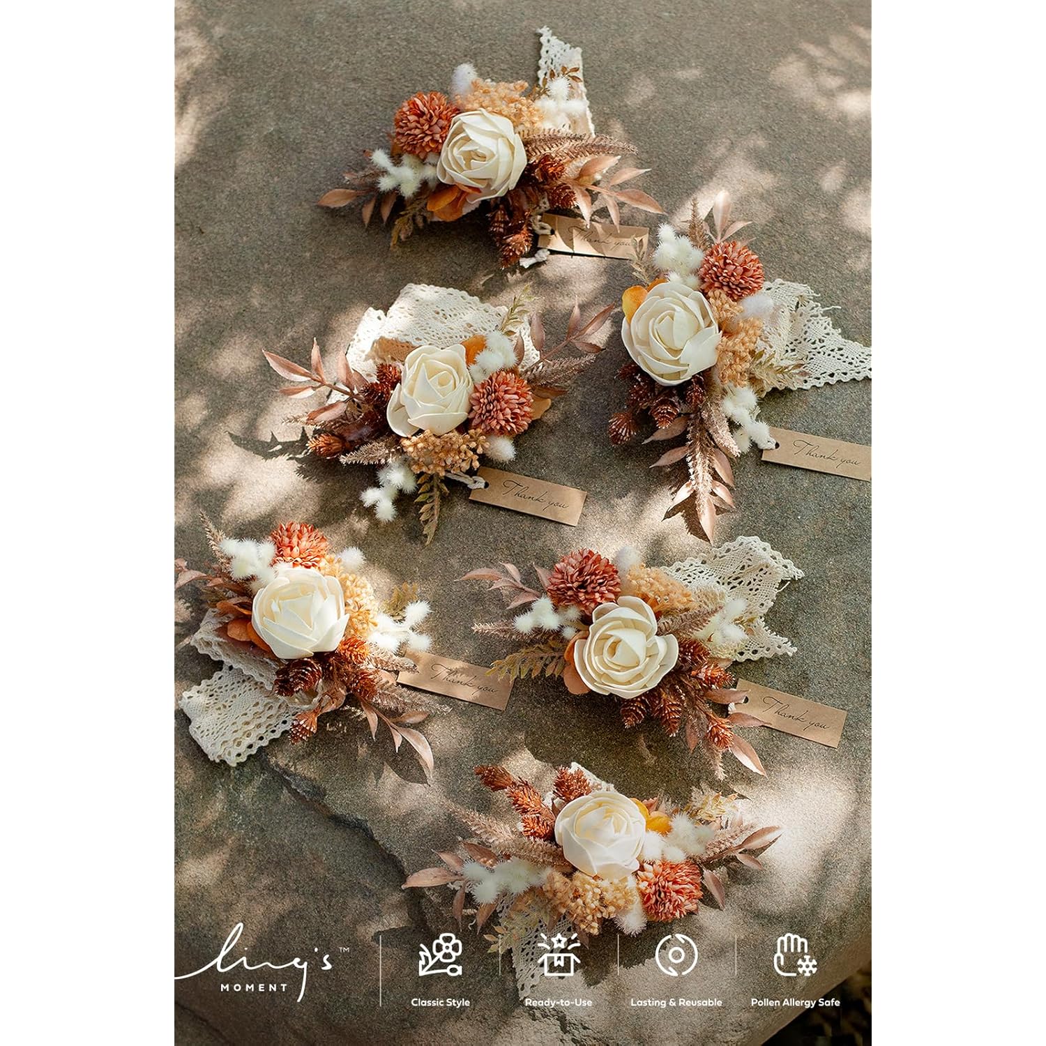 6Pcs Wedding Wrist Corsage Artificial Flowers, Girl/Mother Homecoming Prom Corsages Wristlet Décor, Etc. Boho Dried Rustic