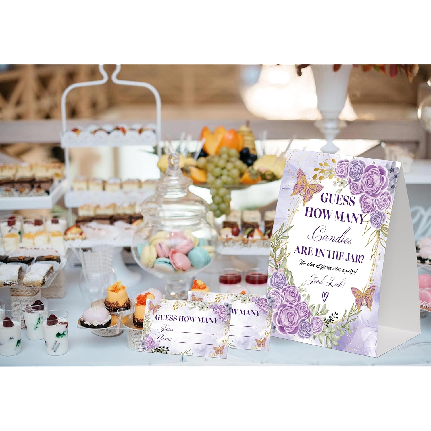 Lilac Gold Butterfly Guess How Many Candies Are In The Jar Game For Baby Shower, Pack Of One 5X7 Sign And 50 Guessing Cards, Floral Baby Shower Decoration, Gender Neutral Party Supplies - Gc01