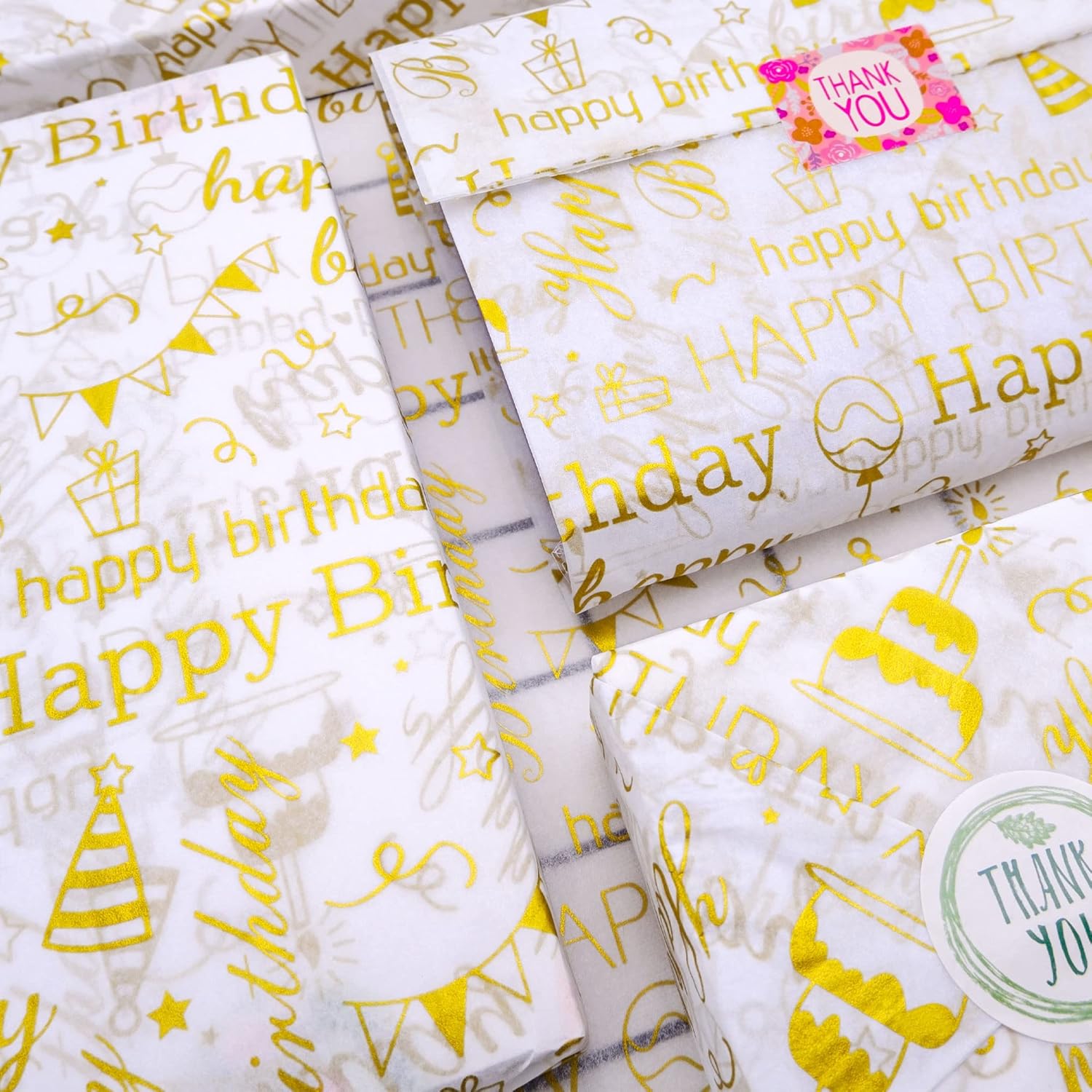 100 Sheets Gold Birthday Tissue Paper Bulk,20" X 14",White With Gold Happy Birthday Design Tissue Paper For Gift Bags,Gold Birthday Tissue Paper For Birthday Party