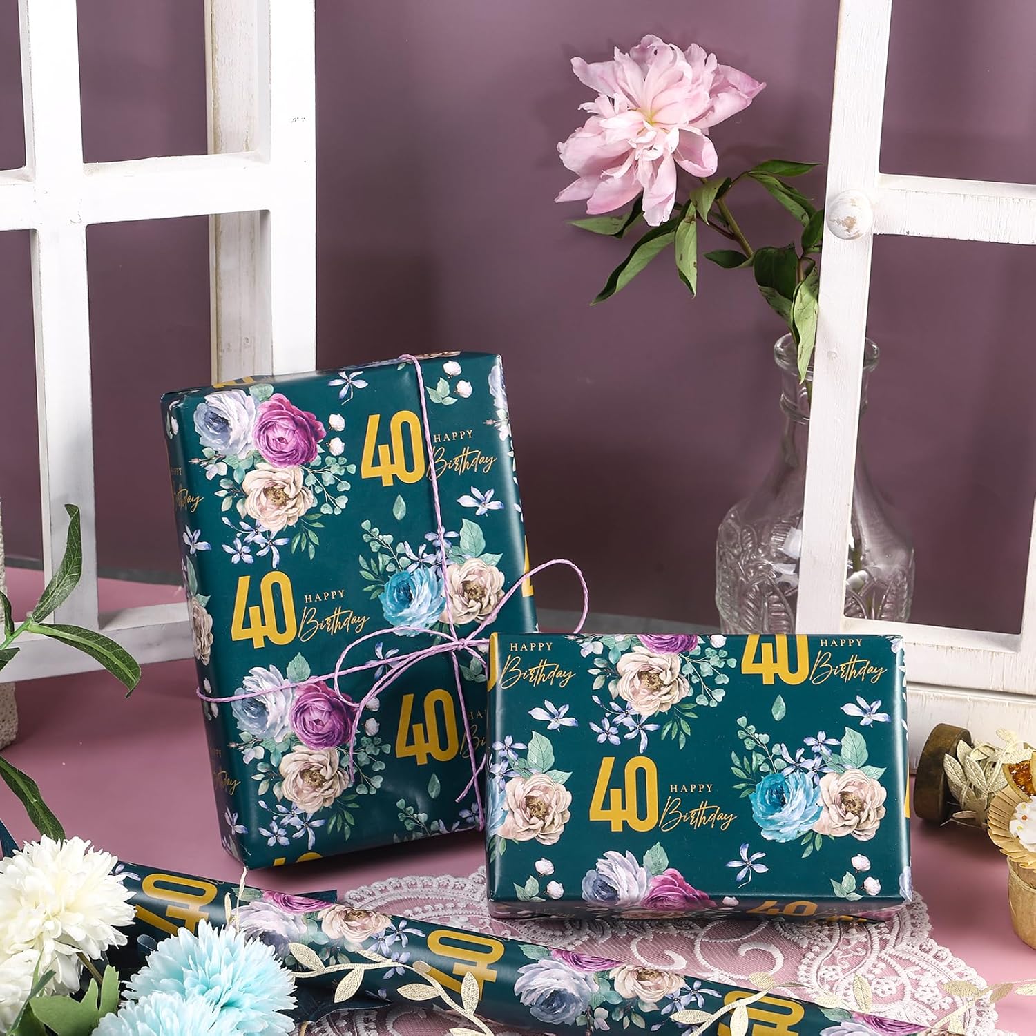 40Th Birthday Wrapping Paper For Women - Mini Roll - Flower Blooms Pattern With 40" Design Gift Wrap Paper For 40Th Birthday, Party And More - 17 Inches X 16.4 Feet, 40 Years Old