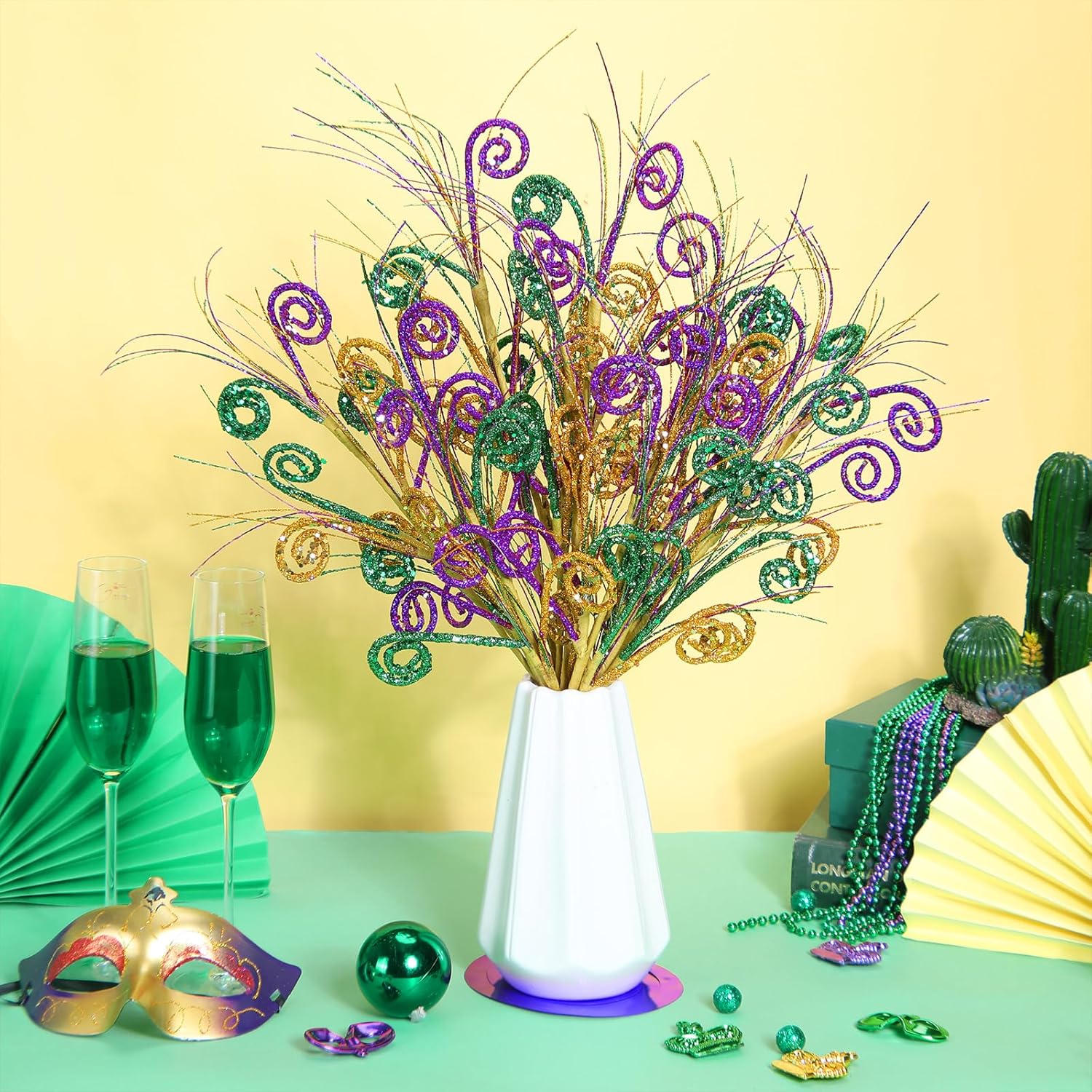 8 Pcs Mardi Gras Decoration Carnival Picks Ornaments Artificial Glitter Berry Stems Tree Decor 15.75 Inches Purple Green And Gold Branches For Mardi Gras Tree Table Party Decor(Curl)