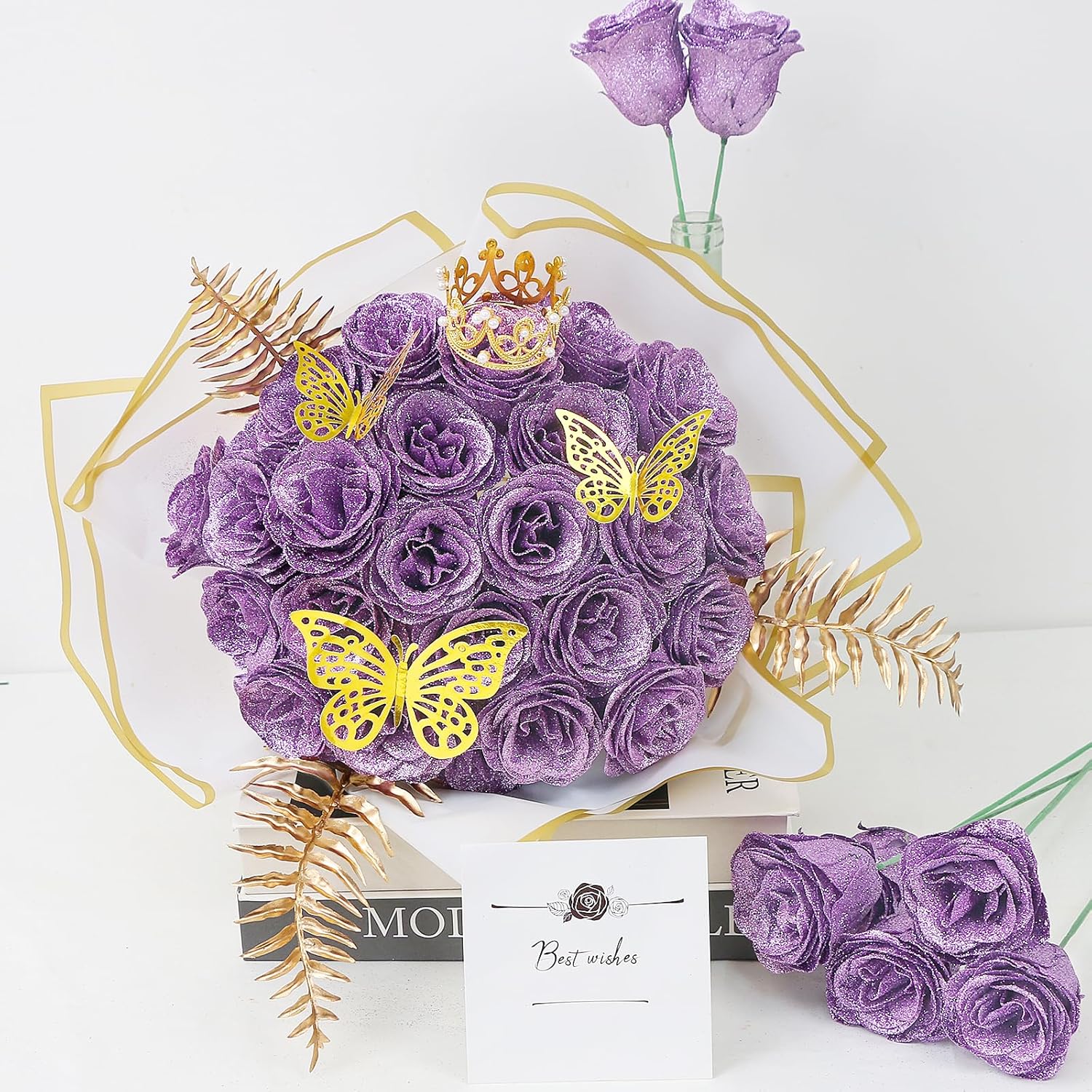 Artificial Glitter Roses - 24 Pack Diy Fake Shiny Floral For Crafts Wedding, Anniversary, Mother'S Day,Birthday And Valentine'S Day Lilac